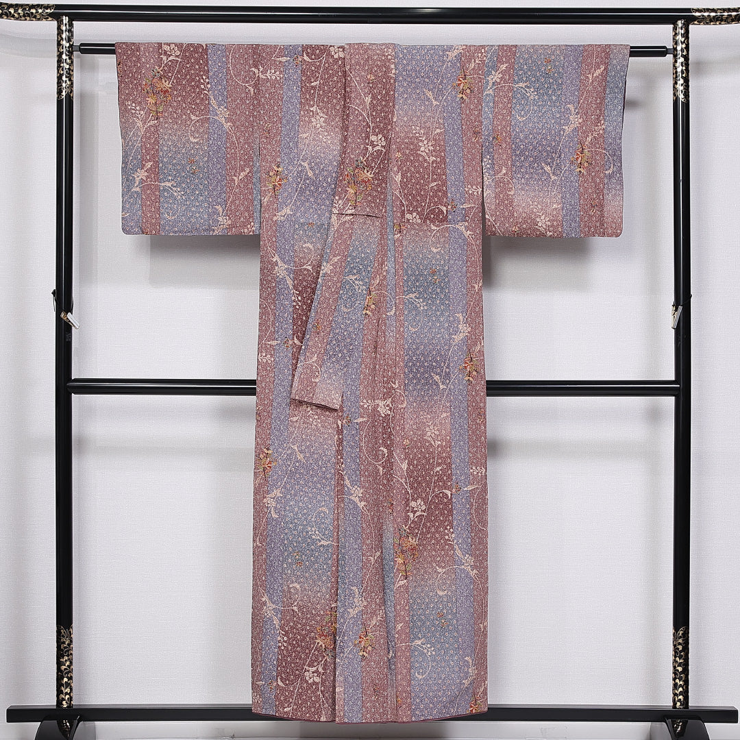小紋 袷 身丈152cm 裄丈63cm 正絹 Sランク インフォーマル 広衿 Sサイズ たたき染め 唐華 桜 茶系 RP 1221-10981
