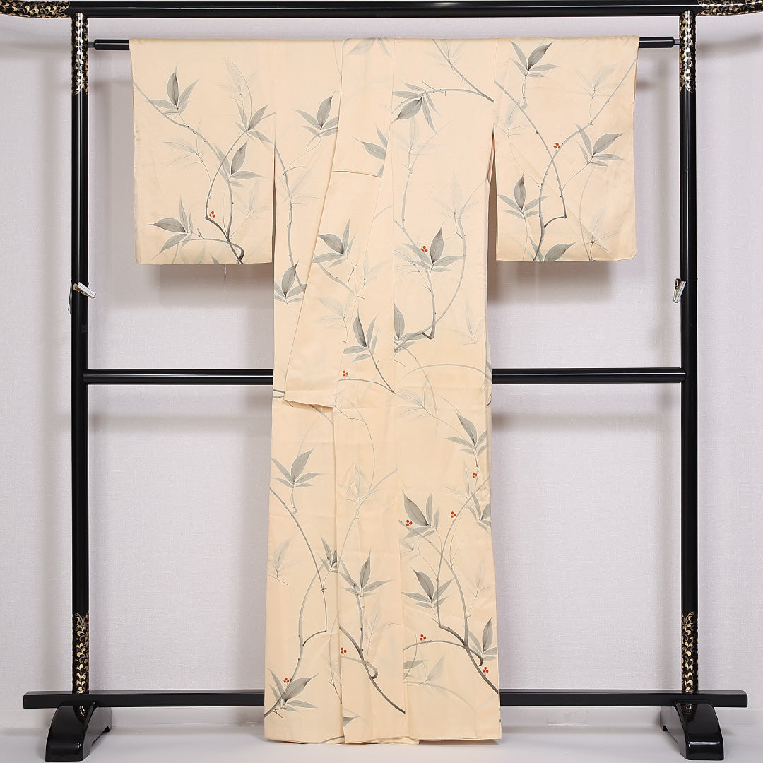 小紋 袷 身丈160cm 裄丈64cm 正絹 Cランク インフォーマル 広衿 Lサイズ 南天 クリーム系 HP 1221-10031