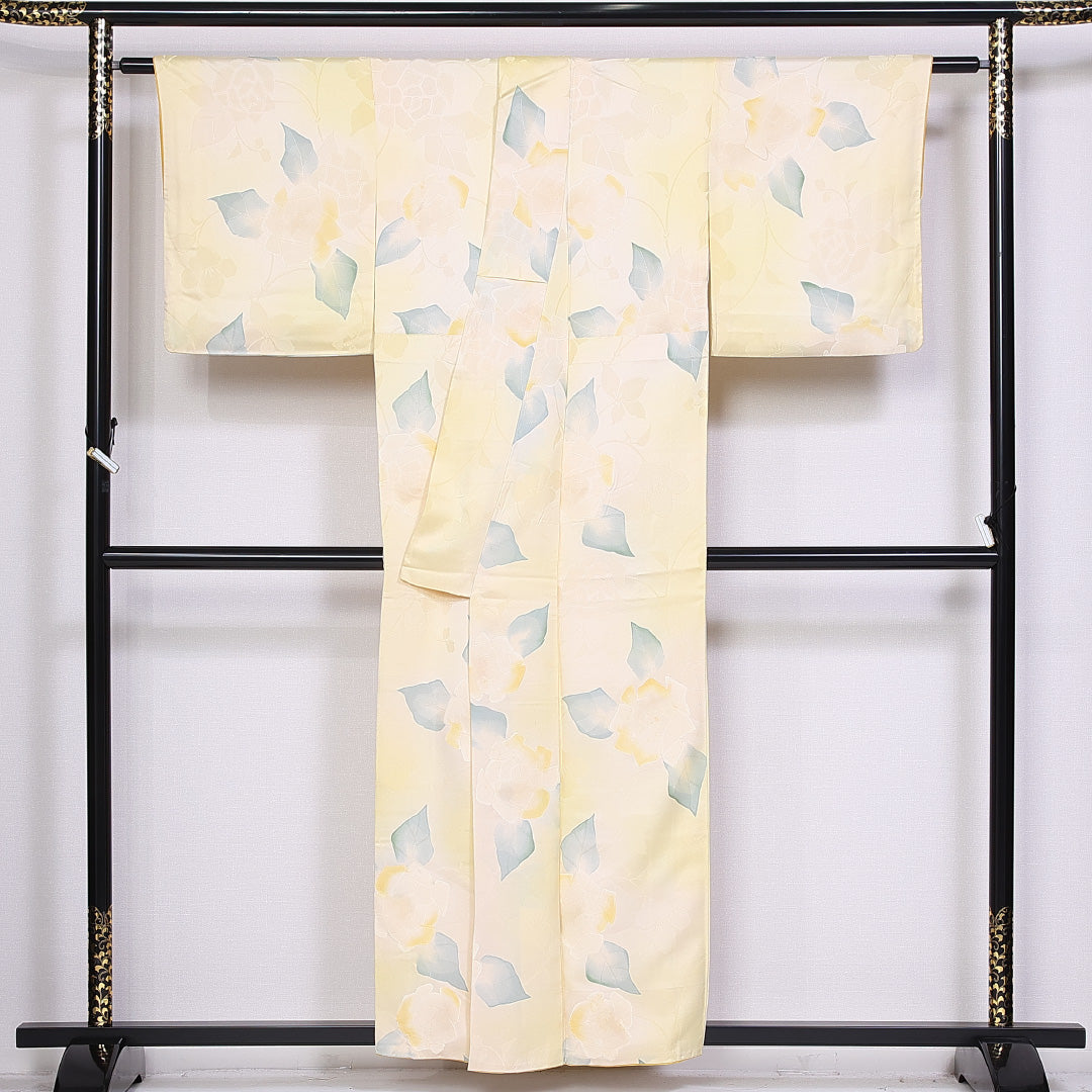 小紋 袷 身丈155cm 裄丈64cm 正絹 Cランク インフォーマル 広衿 Mサイズ 花柄 黄系 GP 1221-10529