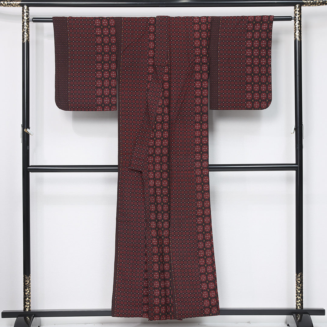 アンティーク お召 身丈154.5cm 裄丈62cm Aランク S 正絹 袷 バチ衿 レトロ 蜀江 菱 赤系 1265-11998