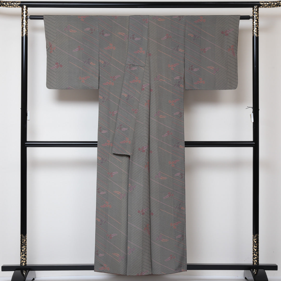 小紋 袷 身丈155cm 裄丈63cm 正絹 Sランク インフォーマル 広衿 Mサイズ 植物柄 グレー系 RP 1221-01547