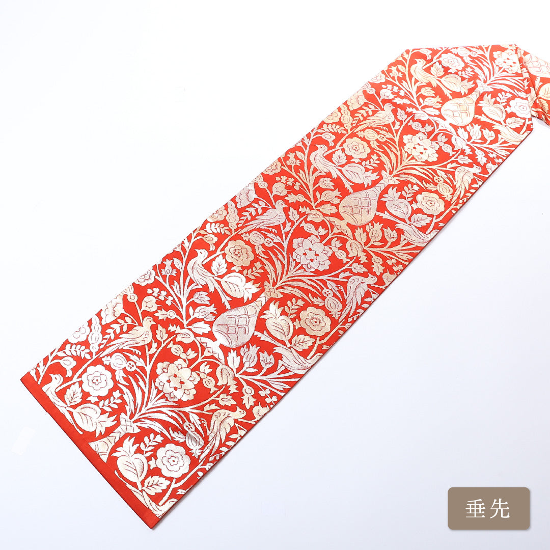名古屋帯 帯丈342cm 六通 名古屋仕立て 正絹 オリエンタル セミフォーマル Sランク 朱系 1224-00714-216 1224-00714