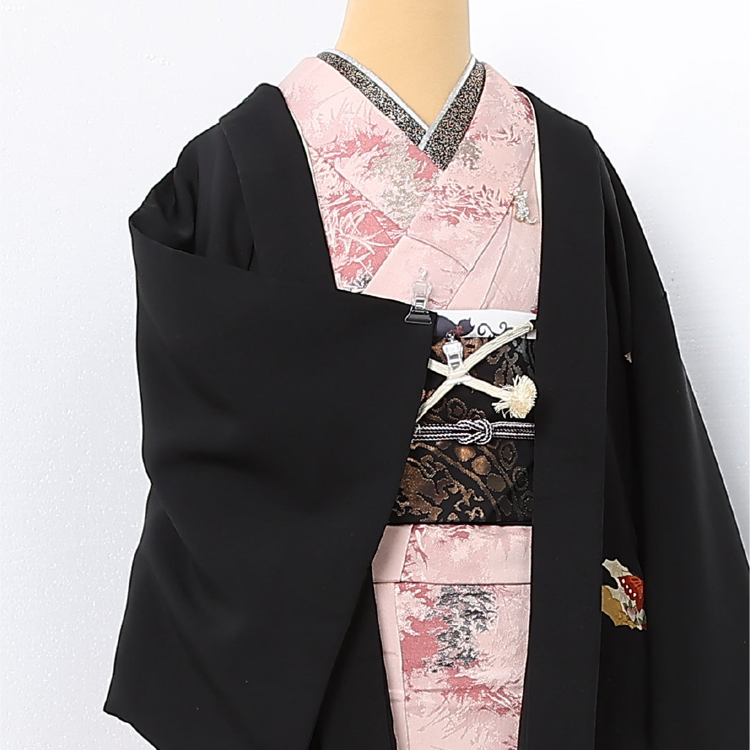 黒羽織 袷 身丈73cm 裄丈62cm 正絹 Aランク インフォーマル Sサイズ 紐あり 蝶 橘 吉祥文様 黒系 RP 1233-12731