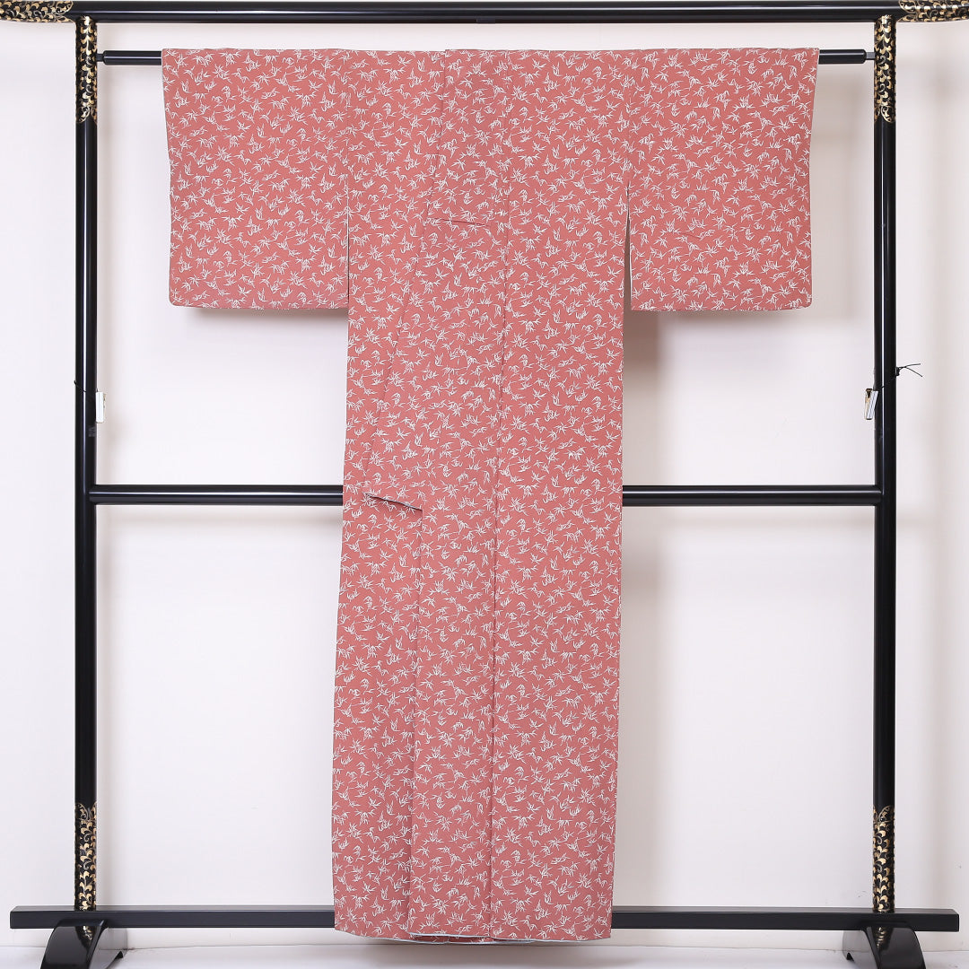 小紋 袷 身丈156cm 裄丈62cm 正絹 Bランク インフォーマル 広衿 Mサイズ 三越 笹 ピンク系 HP 1221-01913