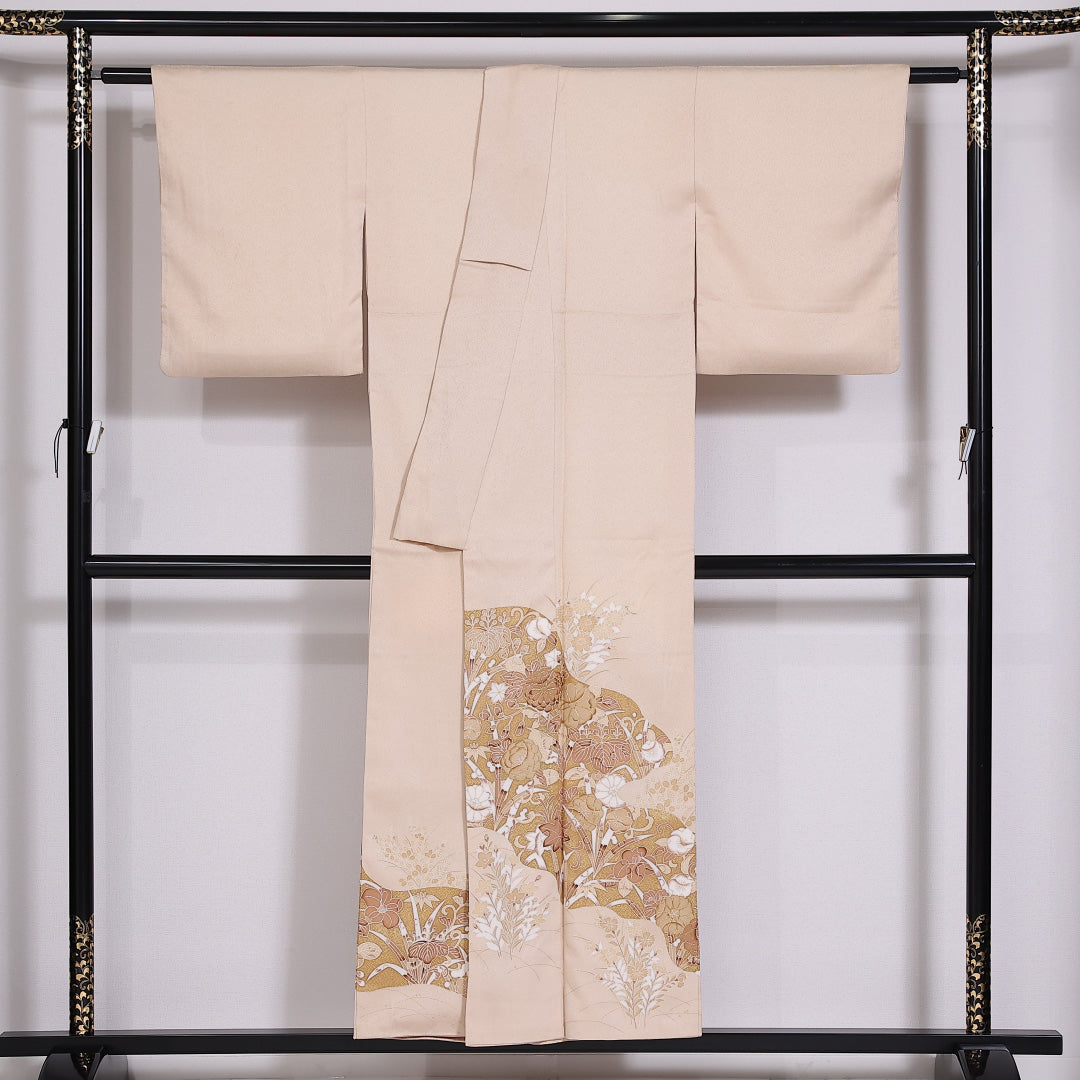 色留袖 一つ紋 身丈151cm 裄丈62cm Cランク 正絹 袷 広衿 S 金駒刺繍 桐 梅 セミフォーマル クリーム系 1211-F0284