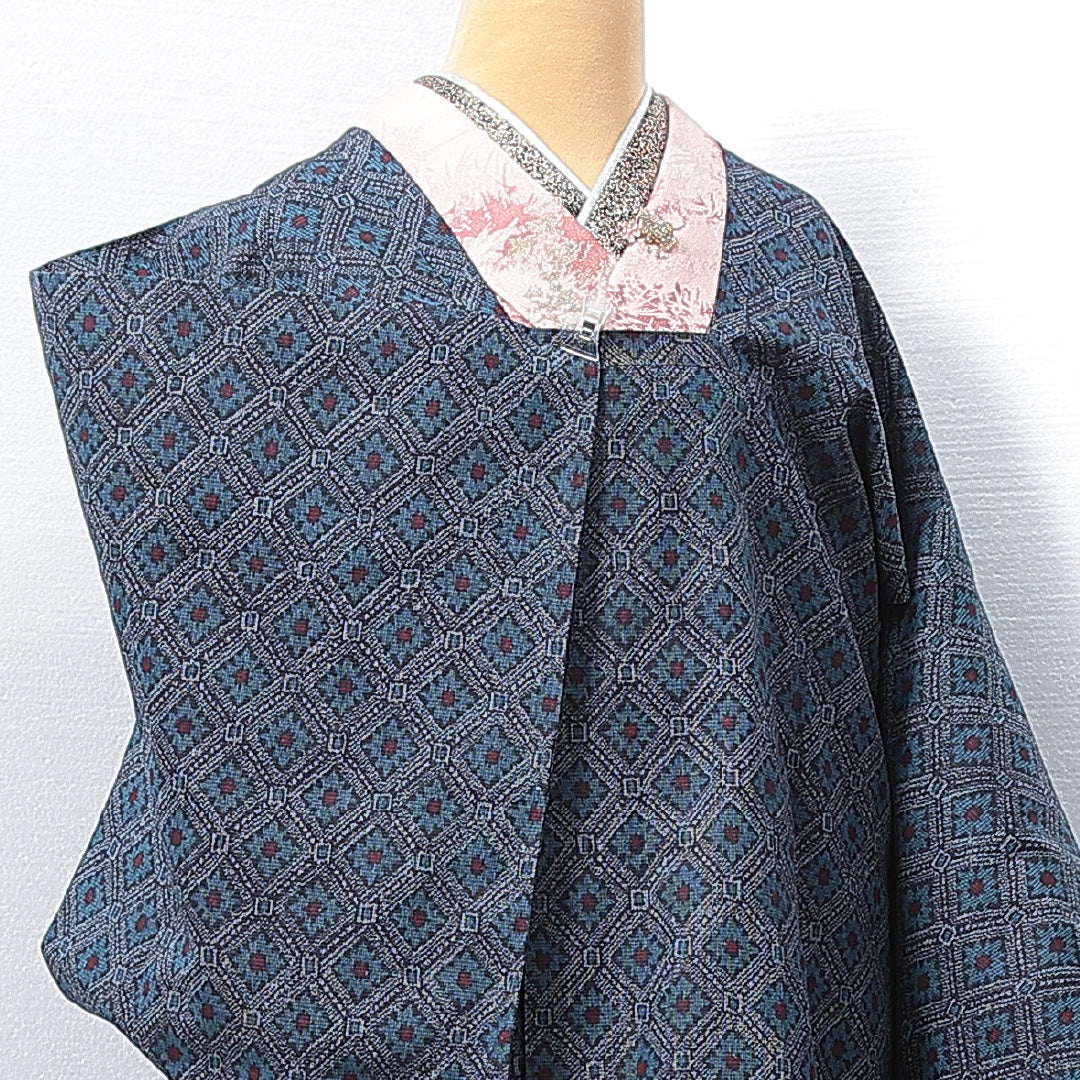 道行コート 袷 身丈88cm 裄丈66cm 正絹 Sランク セミフォーマル Mサイズ ポケットあり 花菱 紺系 RP 1237-14667
