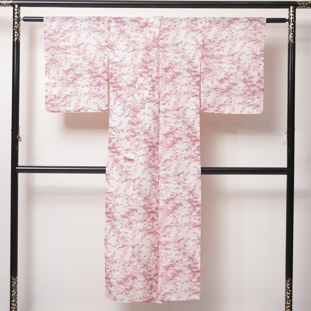 夏物 紬 夏紬 身丈144cm 裄丈63cm 正絹 Aランク カジュアル バチ衿 XSサイズ 肩当て 笹 白系 RP 1223-03503