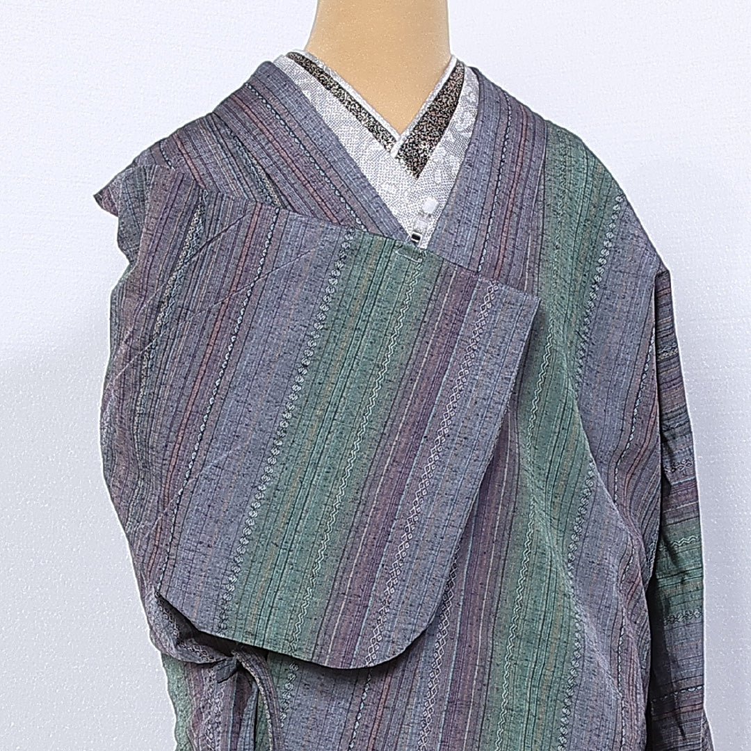 道中着 単衣 身丈87cm 裄丈67cm 正絹 Sランク Lサイズ 縞 グレー系 RP 1236-10234