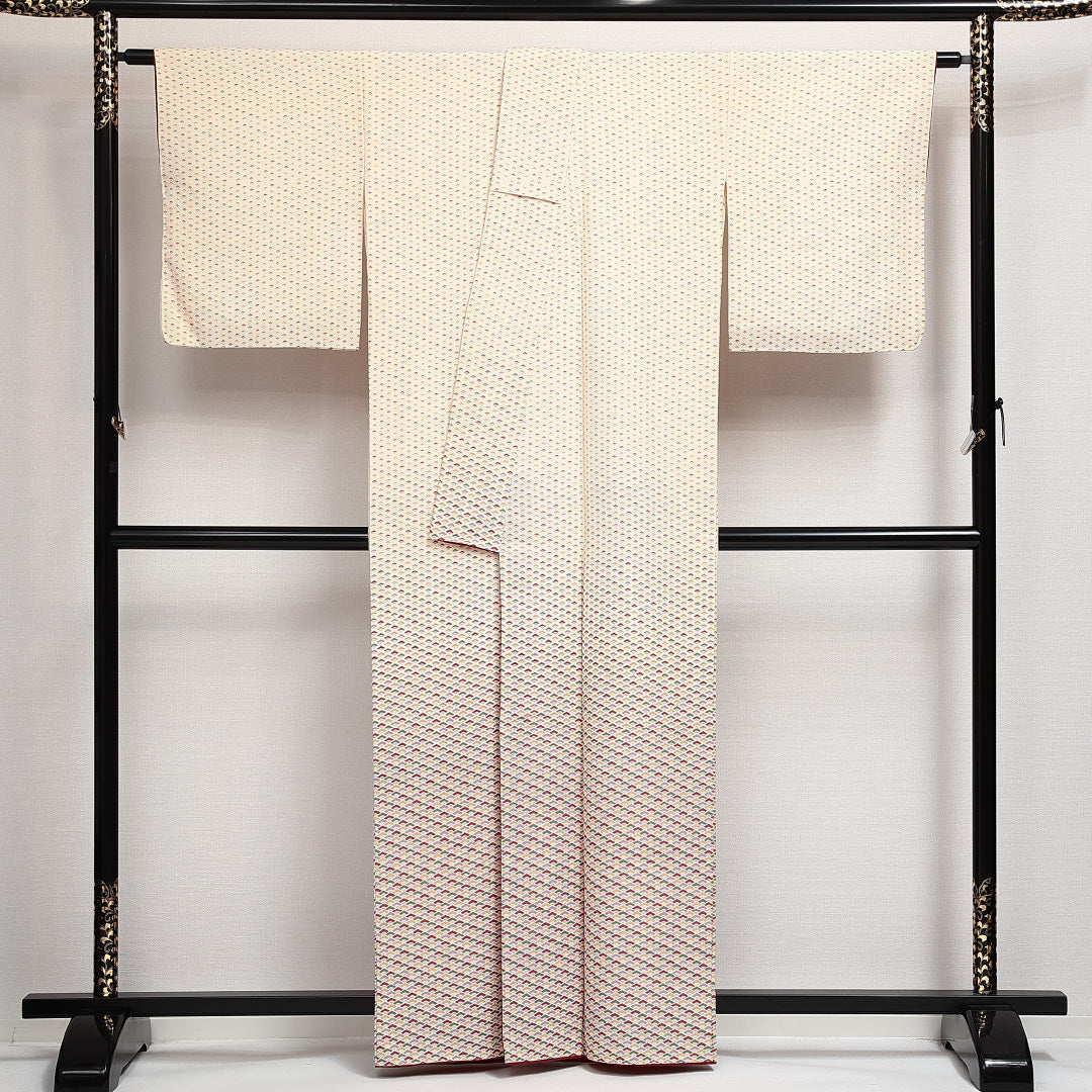 未使用品 付下げ 袷 身丈160cm 裄丈63cm 正絹 Sランク インフォーマル 広衿 Lサイズ しつけ糸 扇 クリーム系 RP 1218-14009