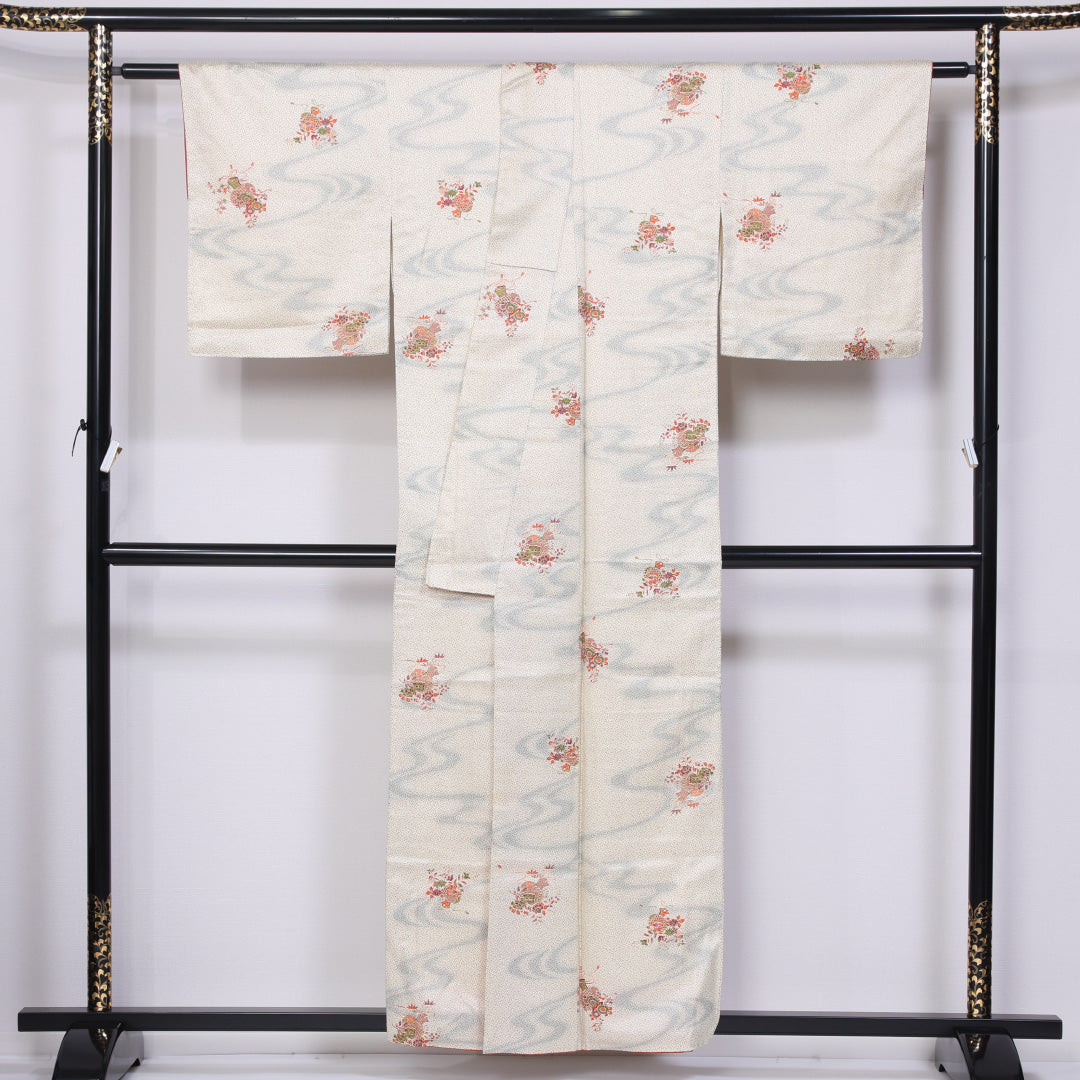 小紋 袷 身丈154cm 裄丈64cm 正絹 Aランク インフォーマル 広衿 Sサイズ 流水 小槌 クリーム系 RP 1221-11442
