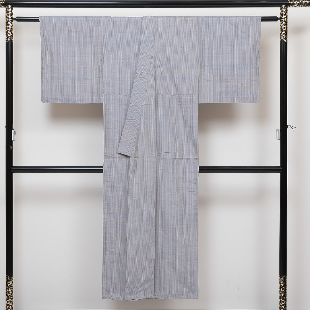 紬 単衣 身丈145cm 裄丈62cm 正絹 Bランク XSサイズ バチ衿 カジュアル 縞 グレー系 1216-02915