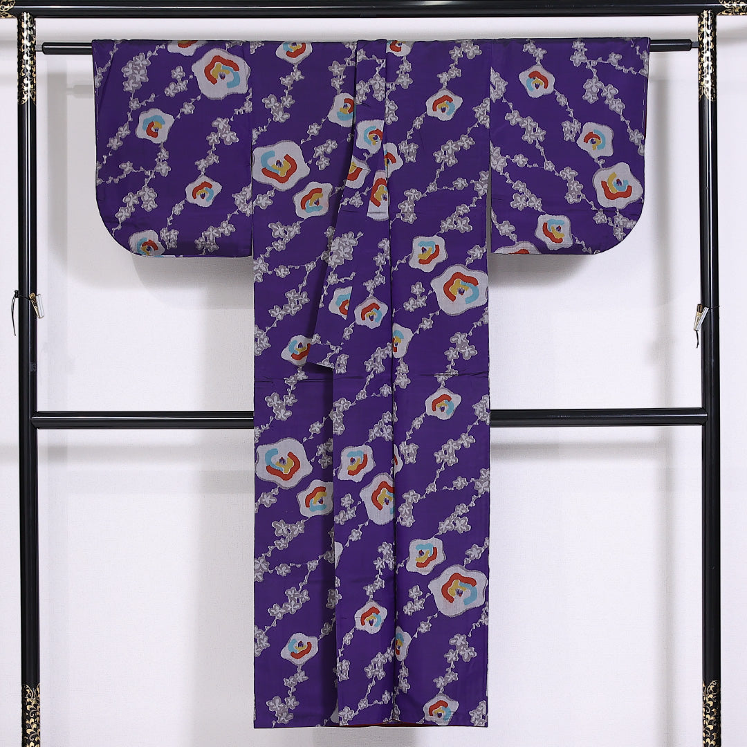 アンティーク 銘仙 紬 袷 身丈142cm 裄62.5cm 正絹 花柄 紫系 Dランク 1216-01432
