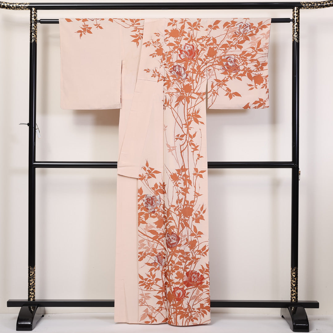 アンティーク お召 紬 単衣 身丈162cm 裄65.5cm 正絹 訪問着 漆糸 薔薇 クリーム系 Bランク 1216-01252