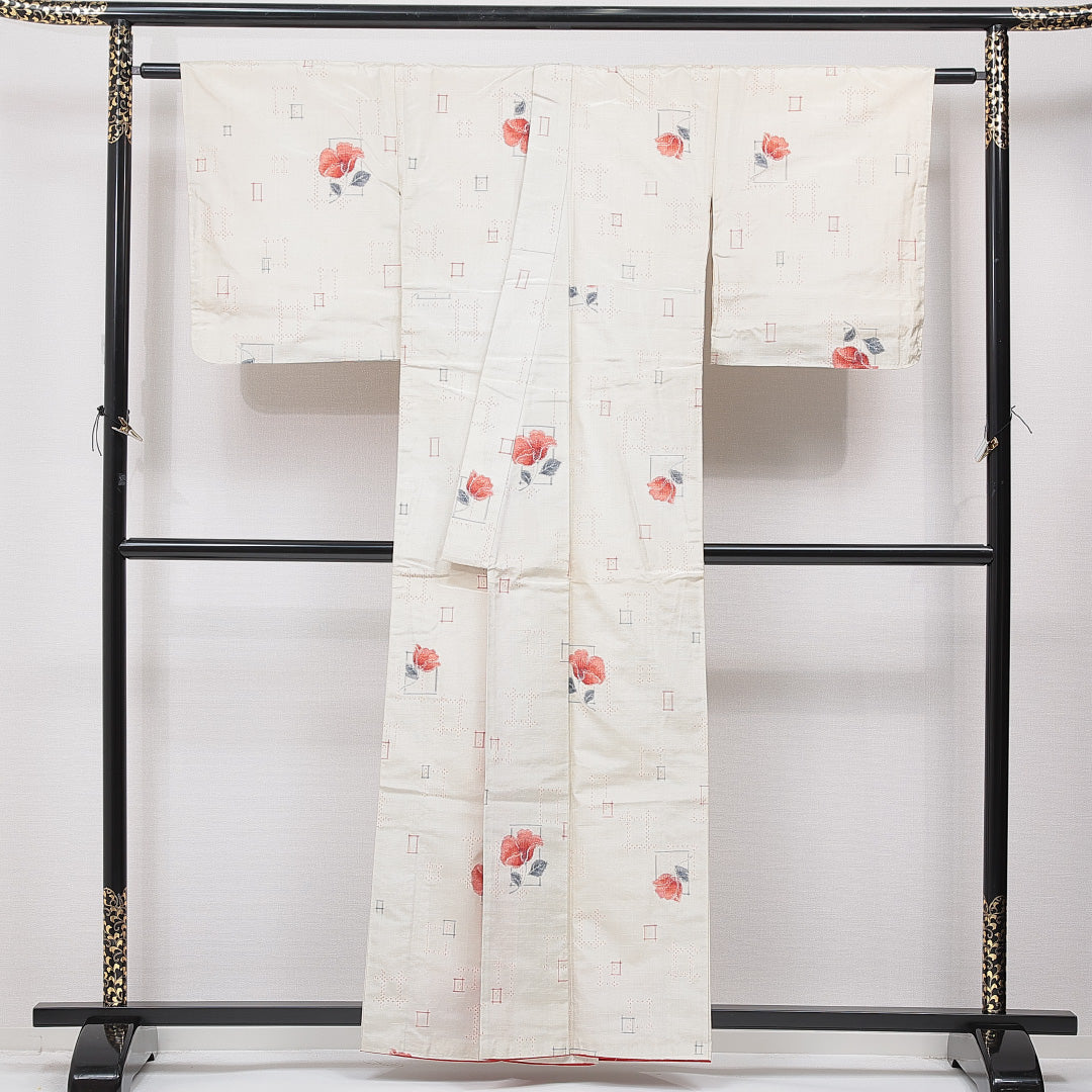 紬 袷 身丈159cm 裄丈66cm 正絹 Cランク カジュアル バチ衿 Mサイズ 花柄 クリーム系 LP 1223-15613