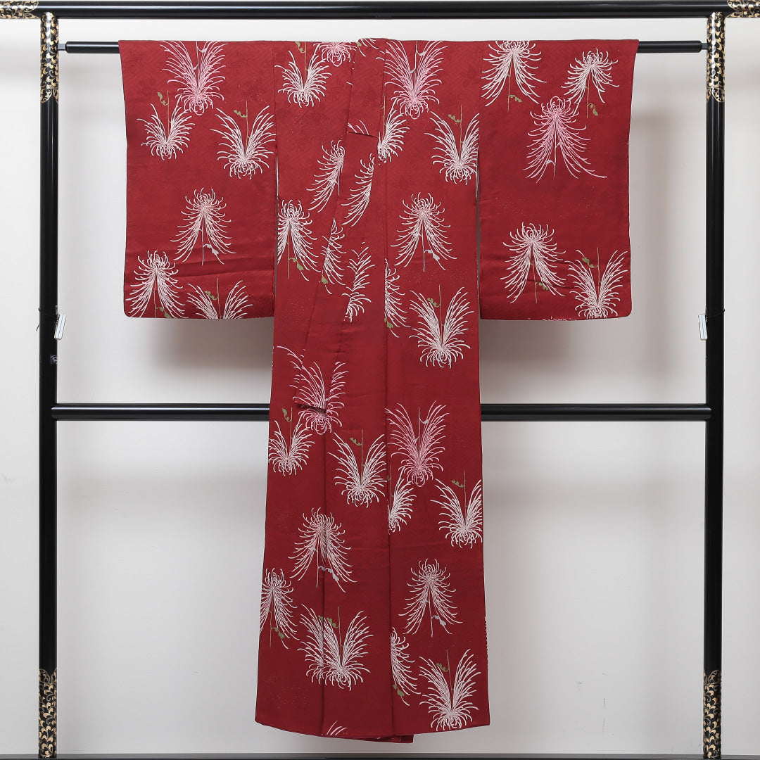 アンティーク 小紋 (錦紗) 袷 身丈145cm 裄丈62cm 正絹 Aランク バチ衿 XSサイズ 菊 赤系 RP 1221-01328
