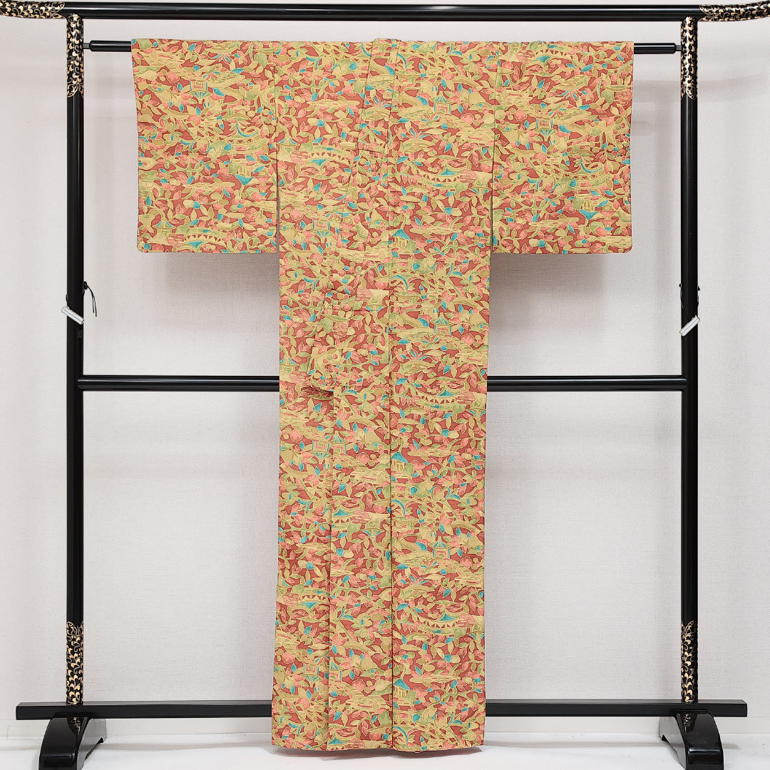 洗える着物 小紋 袷 身丈160cm 裄丈62cm ポリエステル Sランク インフォーマル バチ衿 Lサイズ 古典柄 多色系 RP 1221-14255