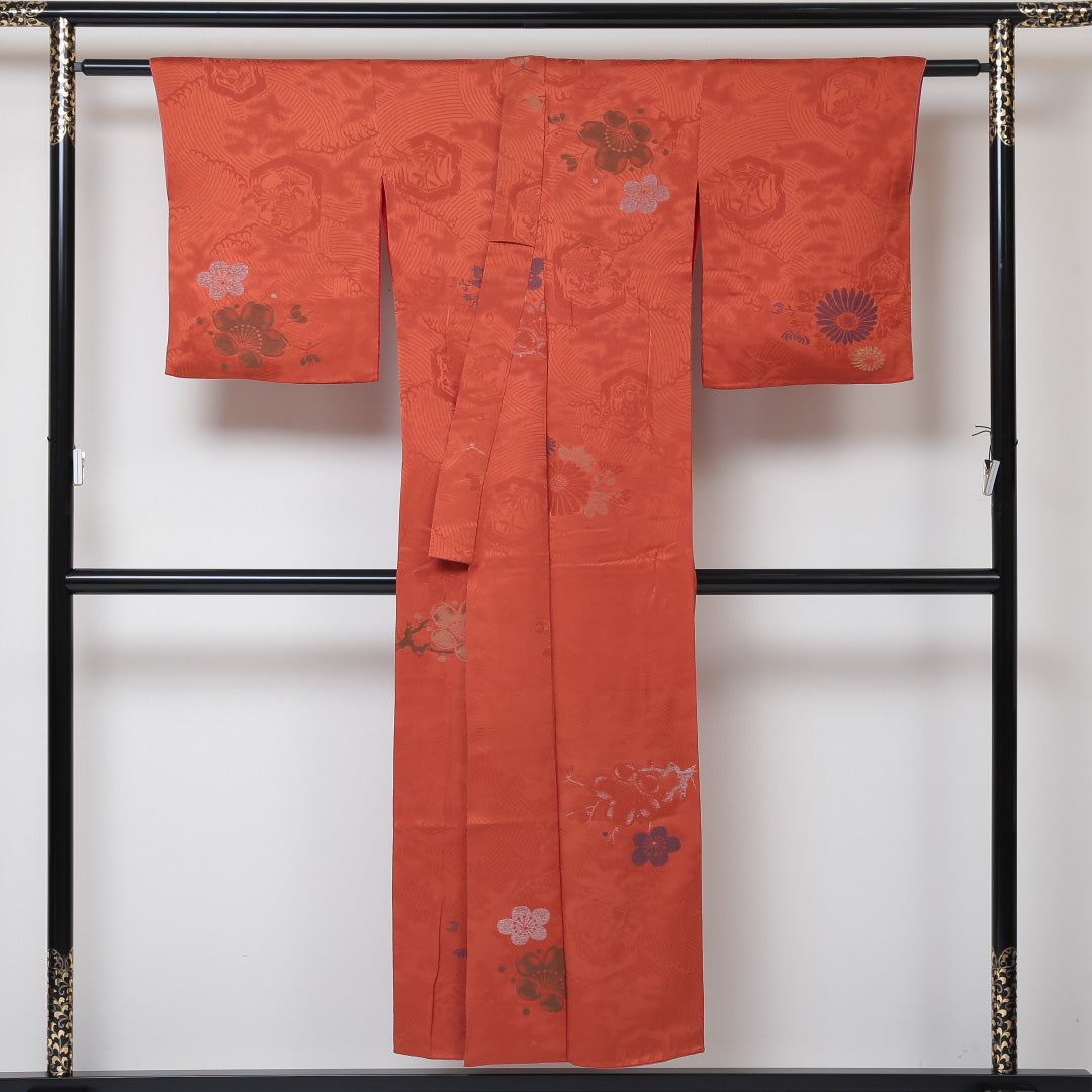 アンティーク 小紋 袷 身丈148cm 裄64.5cm 朱系 花柄 正絹 Bランク 1215-01500-4116