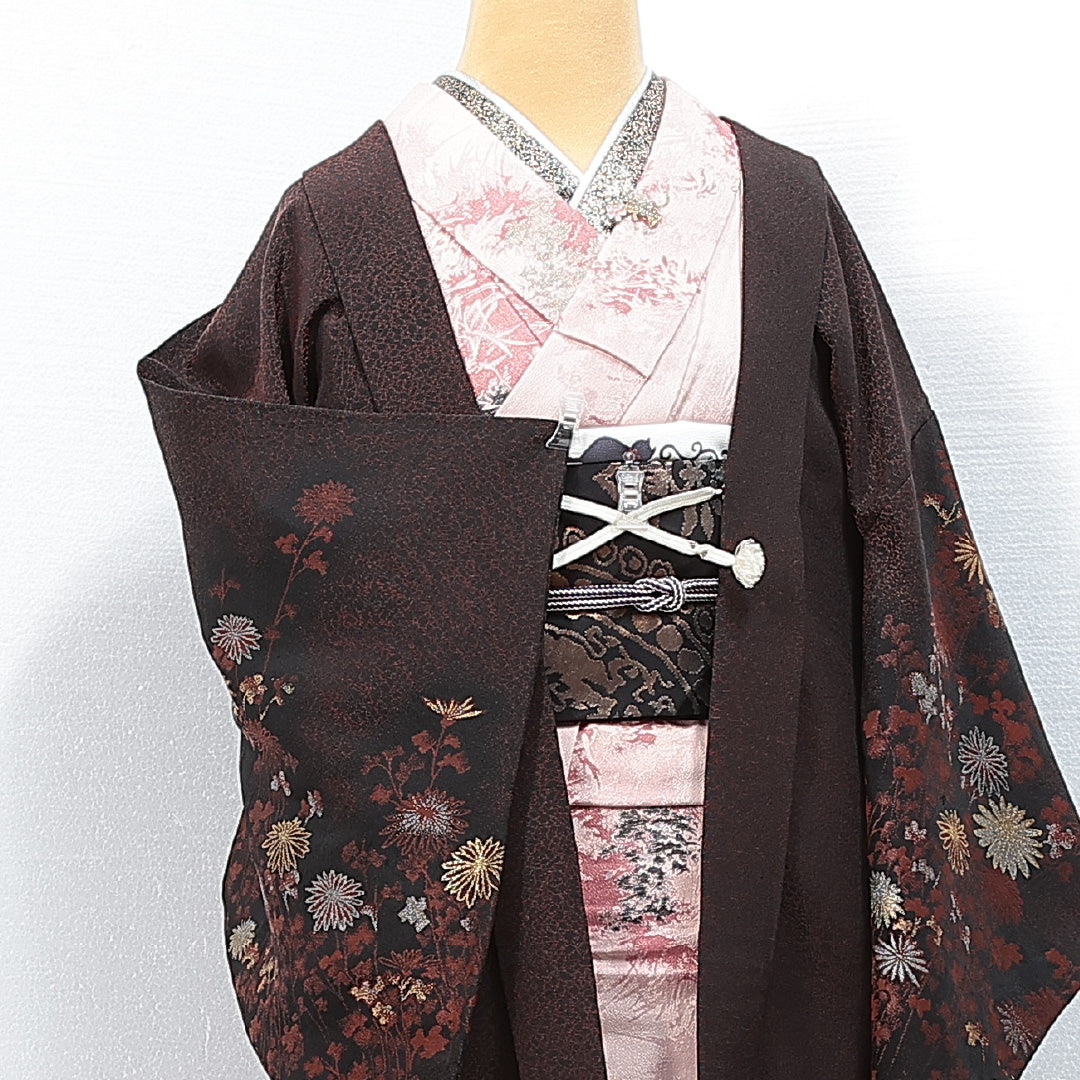 絵羽羽織 袷 身丈79cm 裄丈64cm 正絹 Sランク 一つ紋 (五三桐) セミフォーマル Mサイズ 紐あり 菊 黒系 RP 1234-14762