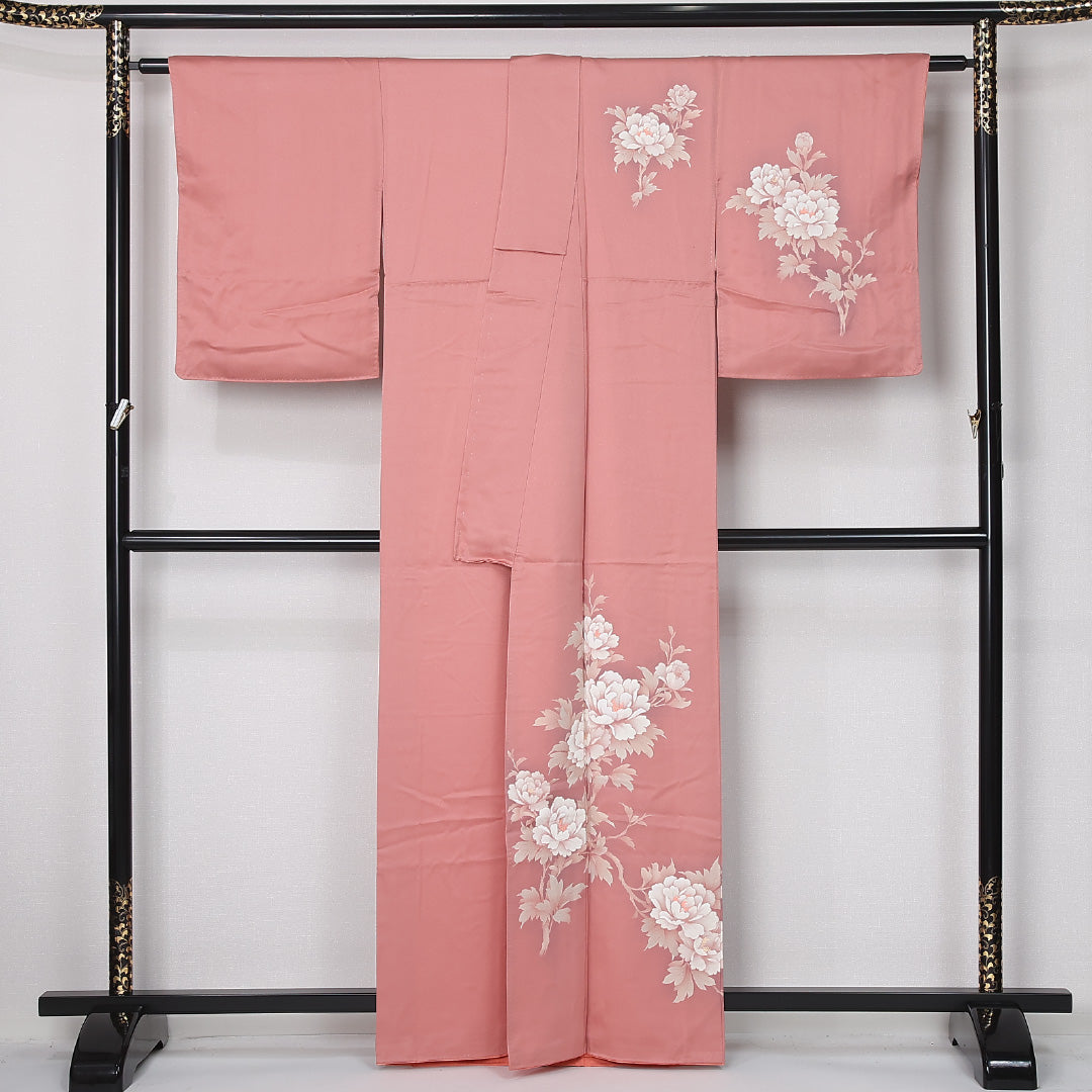 訪問着 袷 身丈160cm 裄丈65cm 正絹 Sランク セミフォーマル 広衿 Lサイズ 牡丹 ピンク系 RP 1217-12495