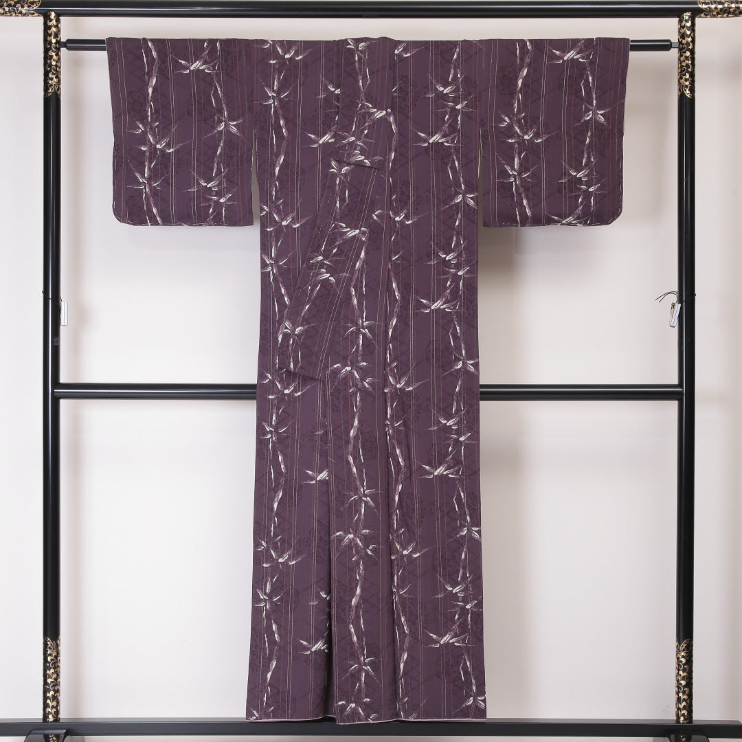 アンティーク 小紋 袷 身丈149cm 裄丈61cm 正絹 Bランク XSサイズ 広衿 笹 紫系 1215-02092