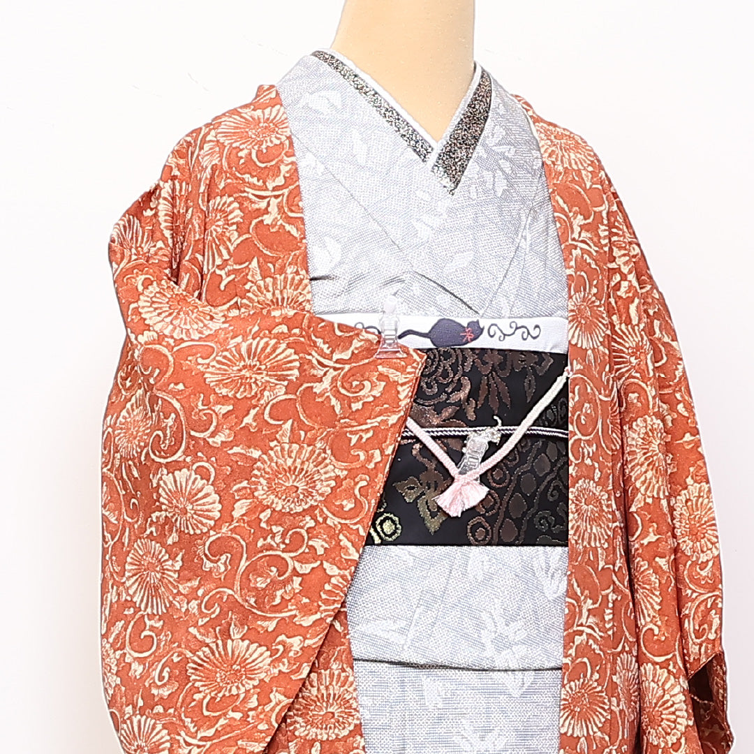 羽織 身丈77cm 裄丈62cm S 正絹 唐菊 朱系 Sランク 1217-00834