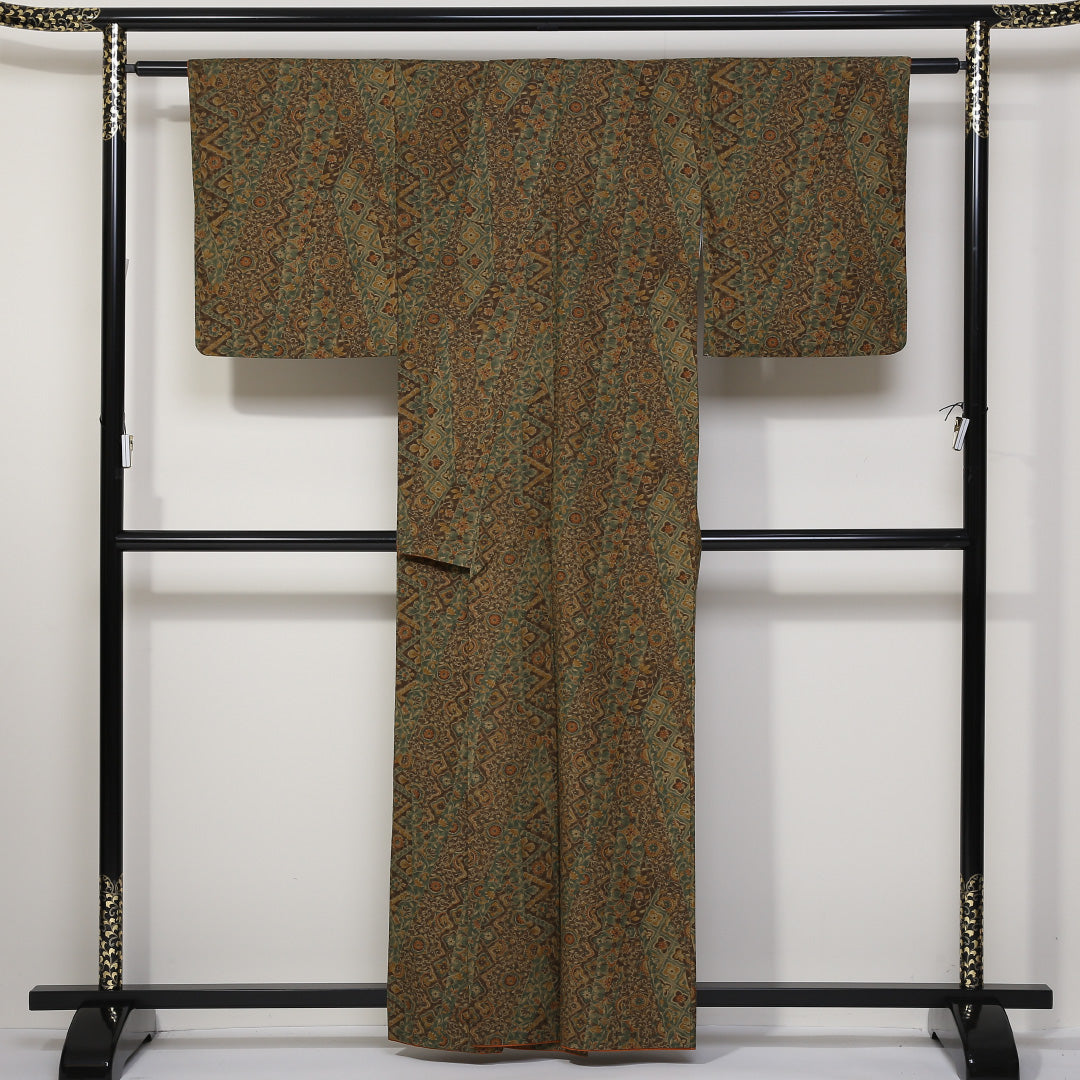 小紋 袷 身丈160cm 裄65cm 茶系 ボタニカル オリエンタル 更紗 紬 正絹 Sランク 真綿紬 1215-01677-2414