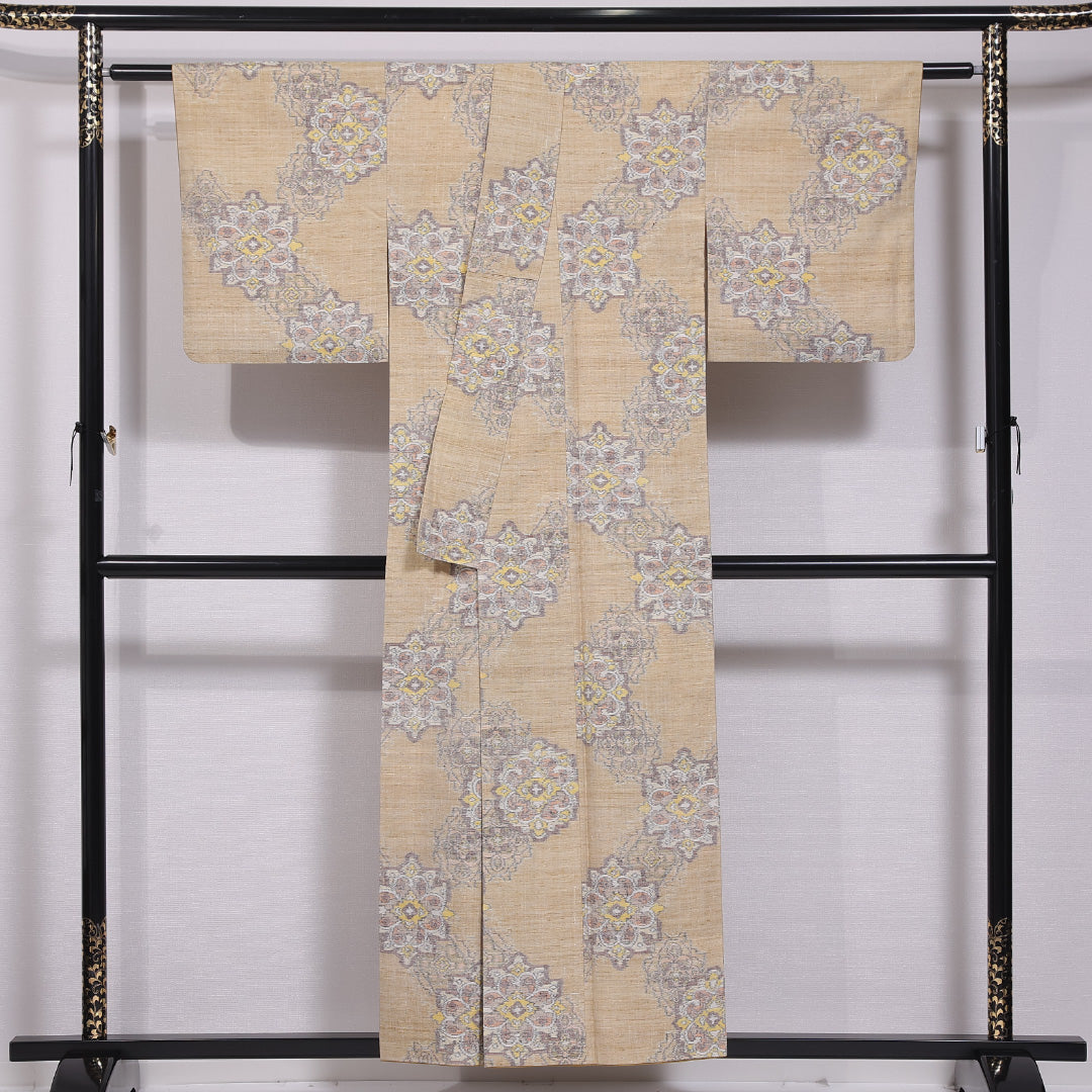 紬 袷 身丈153cm 裄丈62cm 正絹 Sランク カジュアル 広衿 Sサイズ 花柄 ベージュ系 RP 1223-11822