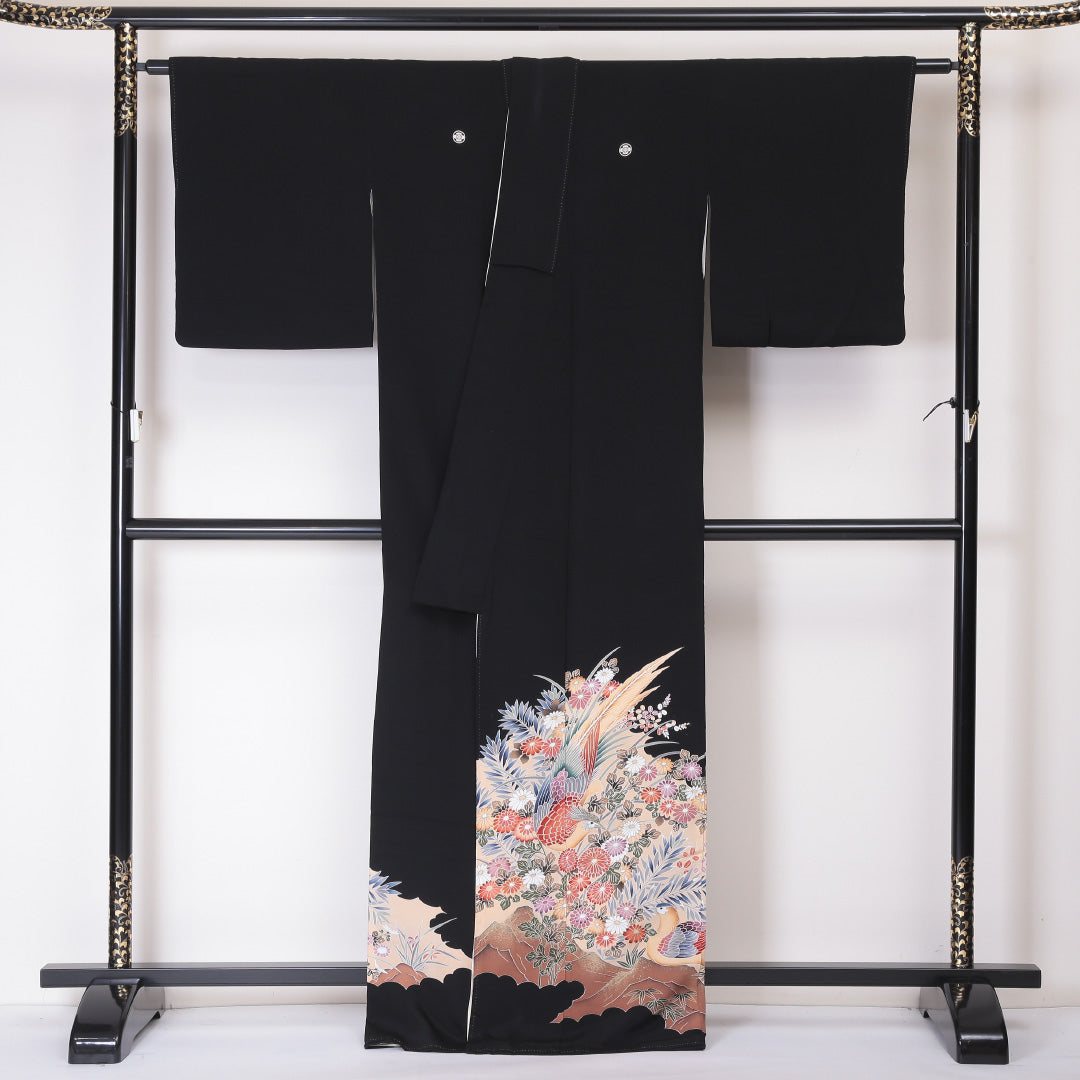黒留袖 五つ紋 丸に木瓜 身丈166cm 裄丈64cm Aランク 正絹 袷 比翼 広衿 XL 鴛鴦 フォーマル 黒系 1211-F0208