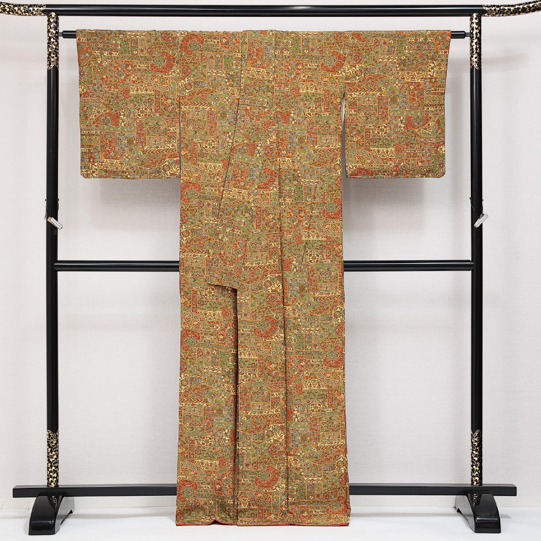小紋 袷 身丈164cm 裄丈64cm 正絹 Aランク インフォーマル 広衿 Lサイズ 更紗 茶系 RP 1221-14542