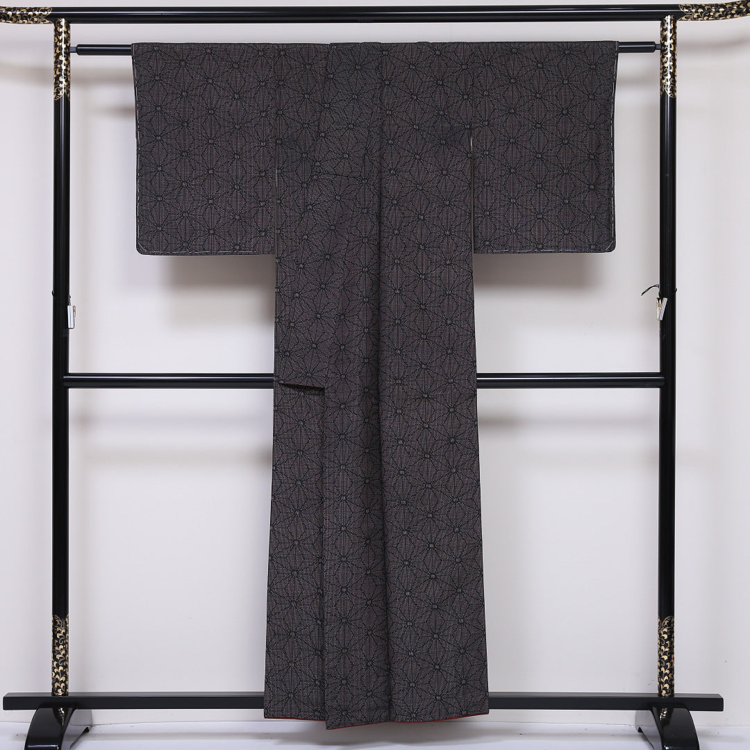 紬 袷 身丈155cm 裄丈63cm 正絹 Sランク カジュアル 広衿 Mサイズ 麻の葉 茶系 RP 1223-03149