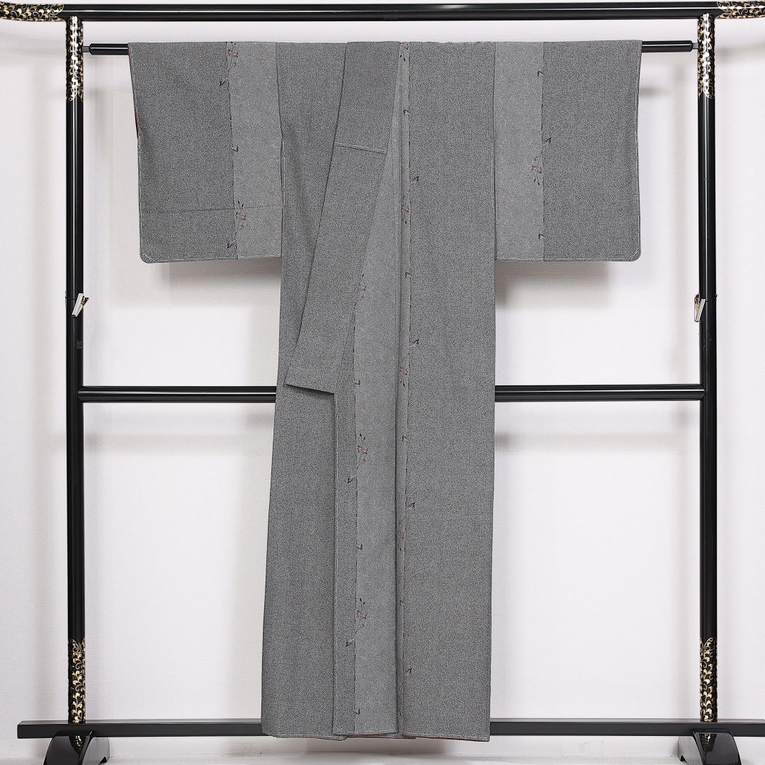 お召 身丈153cm 裄丈61.5cm Aランク 袷 正絹 広衿 植物柄 しつけ糸 1265-10106
