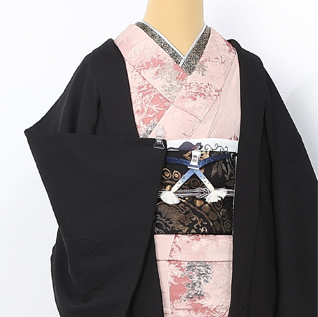 黒羽織 袷 身丈81cm 裄丈64cm 正絹 Aランク 一つ紋 (揚羽蝶) セミフォーマル Mサイズ 紐あり 無地 黒系 RP 1233-12562