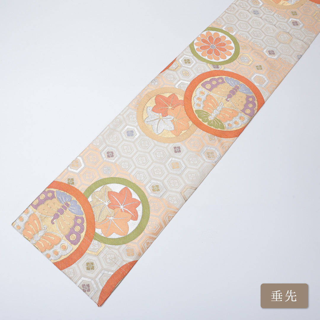 丸帯 帯丈404cm 六通 唐織 有職文様 蝶 フォーマル クリーム系 正絹 Bランク 1223-00584
