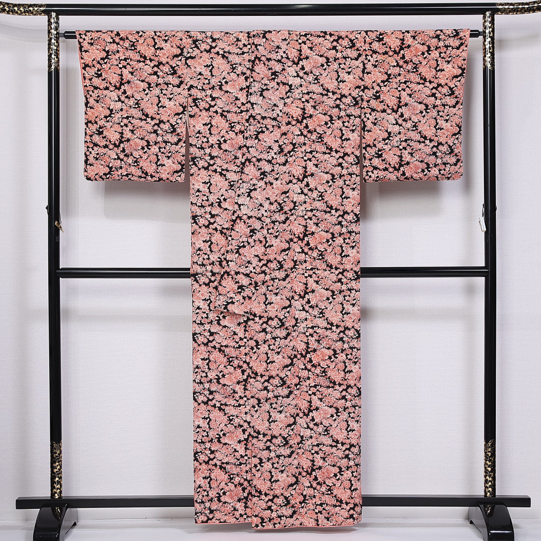 小紋 袷 身丈158cm 裄丈65cm 正絹 Aランク インフォーマル 広衿 Mサイズ 菊 ピンク系 RP 1221-11266