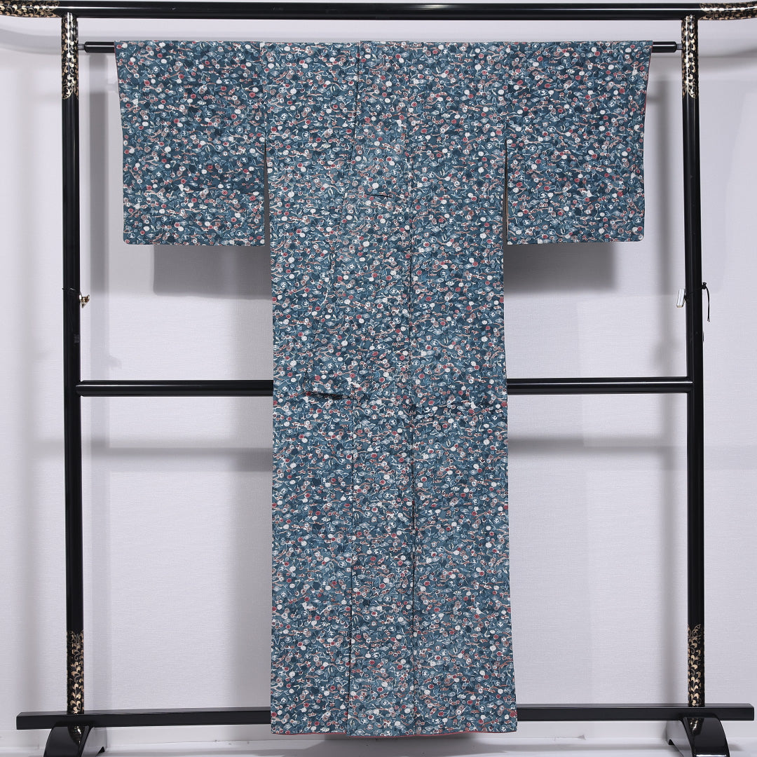 小紋 袷 身丈155cm 裄丈63cm 正絹 Sランク インフォーマル 広衿 Mサイズ 花柄 緑系 RP 1221-11863