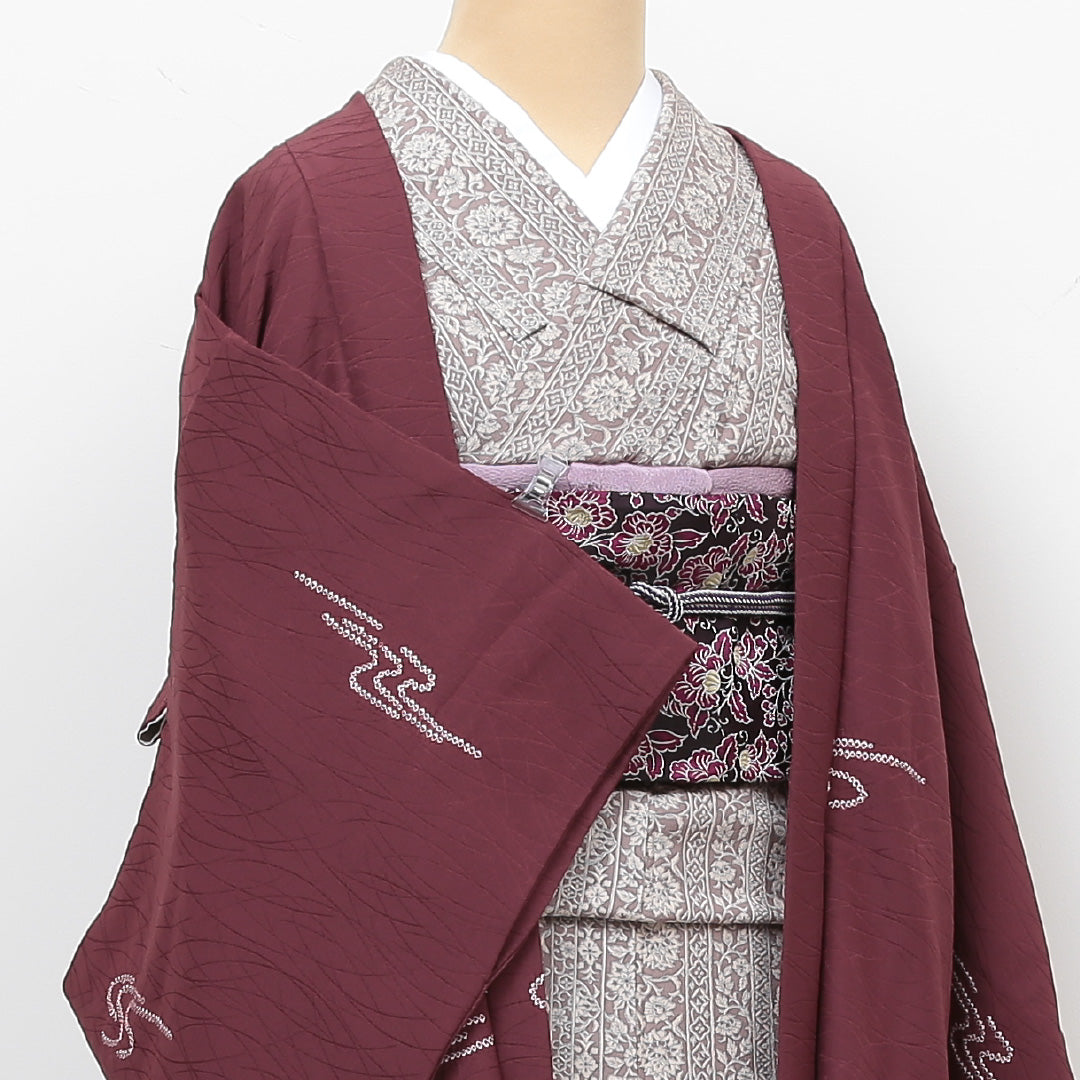 羽織 袷 身丈76cm 裄丈64cm 正絹 Aランク Mサイズ カジュアル 紐あり 創作柄 赤系 RP 1232-05697