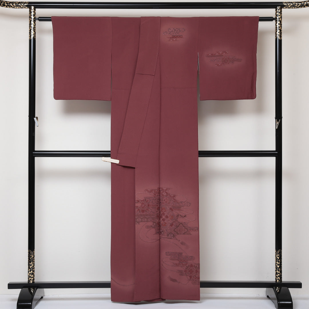 訪問着 袷 身丈162cm 裄丈65cm 正絹 Sランク セミフォーマル 広衿 Lサイズ 蘇州刺繍 汕頭刺繍 唐草華文 組紐 赤系 PO 1217-04385