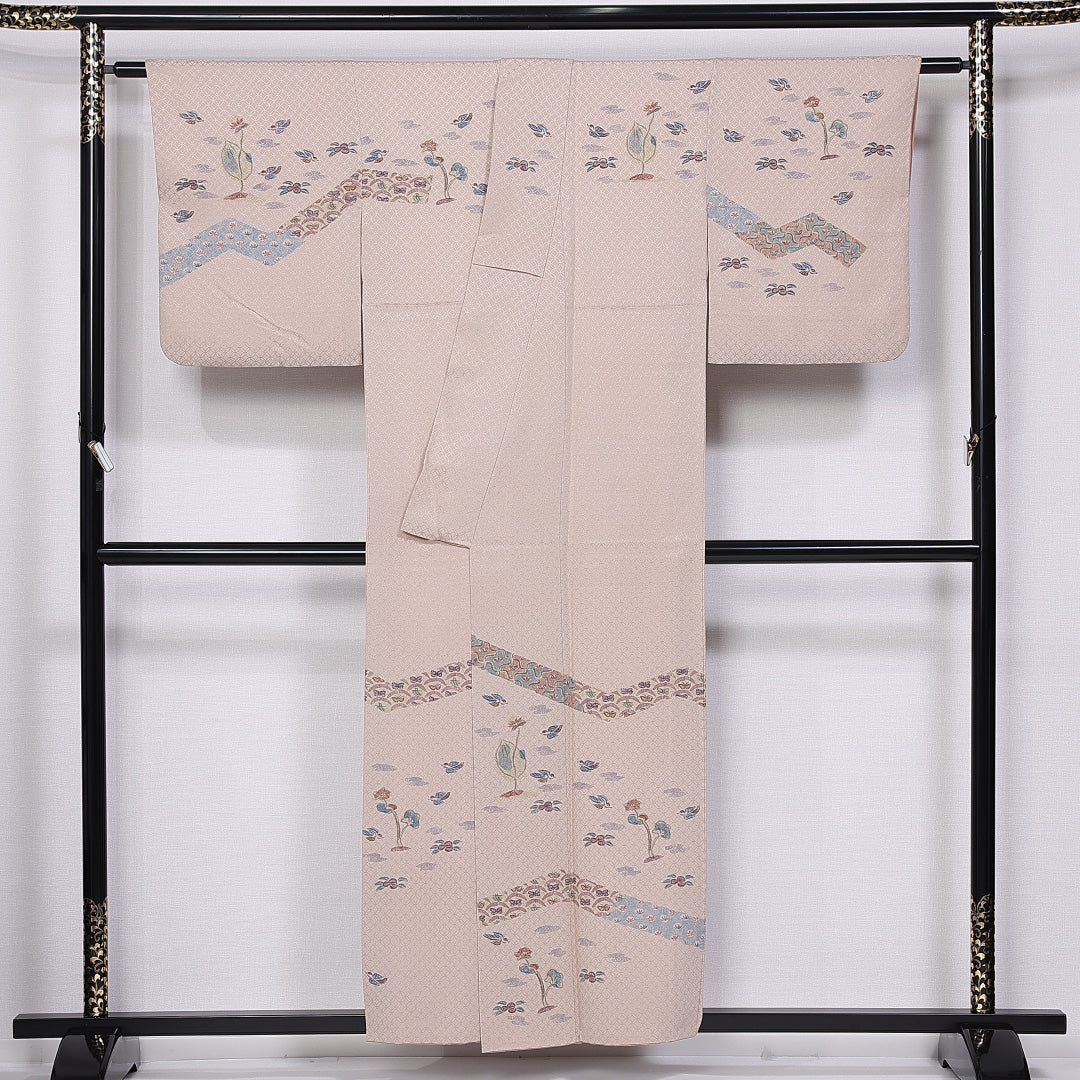 付下げ 袷 身丈155cm 裄丈62cm 正絹 Bランク 一つ紋 (五つ竜胆車) セミフォーマル 広衿 Mサイズ 作家物 七宝 花柄 クリーム系 HP 1218-11219