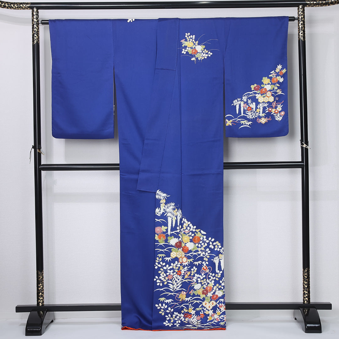 小振袖 身丈168cm 裄丈65cm Aランク 袷 正絹 M 広衿 吉祥文様 古典柄 菊 藤 桔梗 花柄 萩 青系 1213-F0444