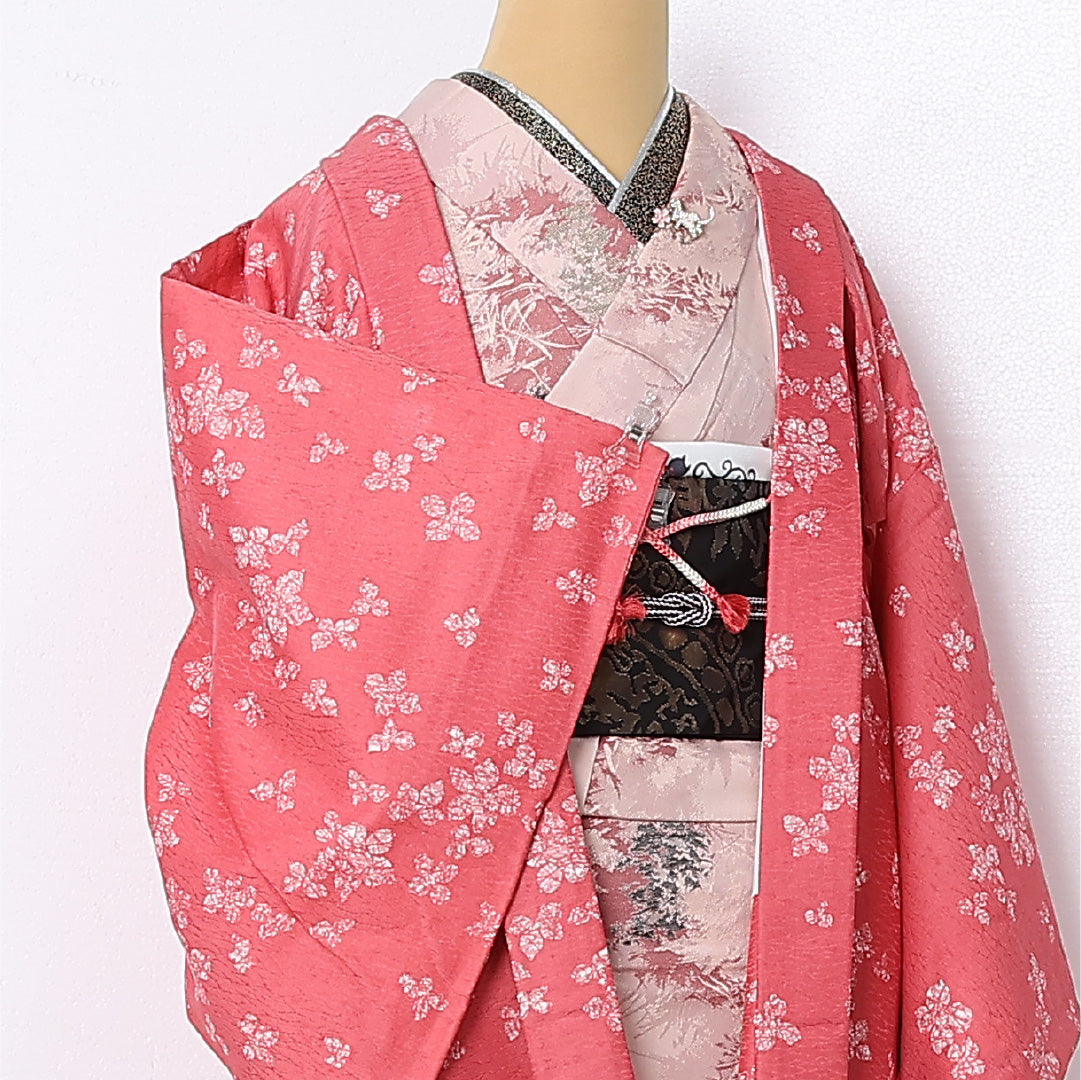 羽織 袷 身丈78cm 裄丈65cm 正絹 Sランク カジュアル Mサイズ 紐あり 花柄 ピンク系 RP 1232-12835