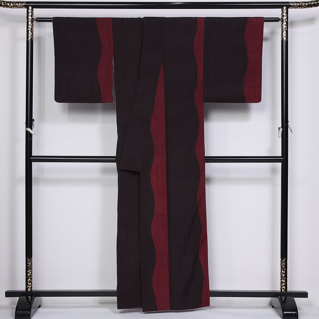 紬 身丈160cm 裄丈63.5cm L 正絹 Aランク 袷 広衿 よろけ縞 真綿紬 1216-10516