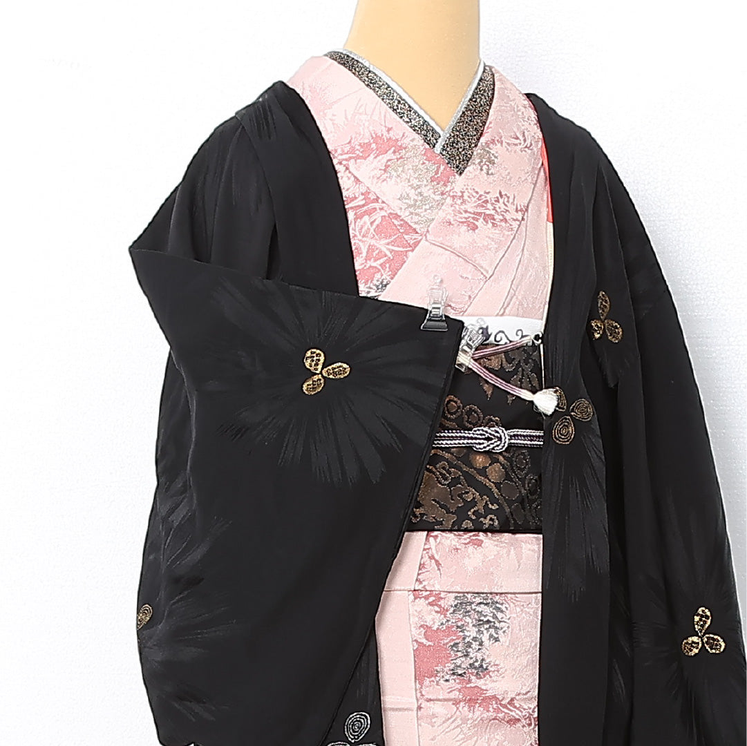 アンティーク 黒羽織 袷 身丈76cm 裄丈62cm 正絹 Aランク 一つ紋 (蔦) Sサイズ 紐あり 柏 黒系 RP 1233-12738