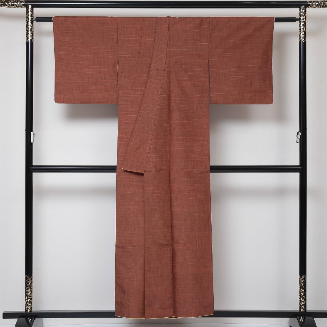 紬 袷 身丈153cm 裄丈63cm 正絹 Aランク カジュアル 広衿 Sサイズ 無地 茶系 RP 1223-03057