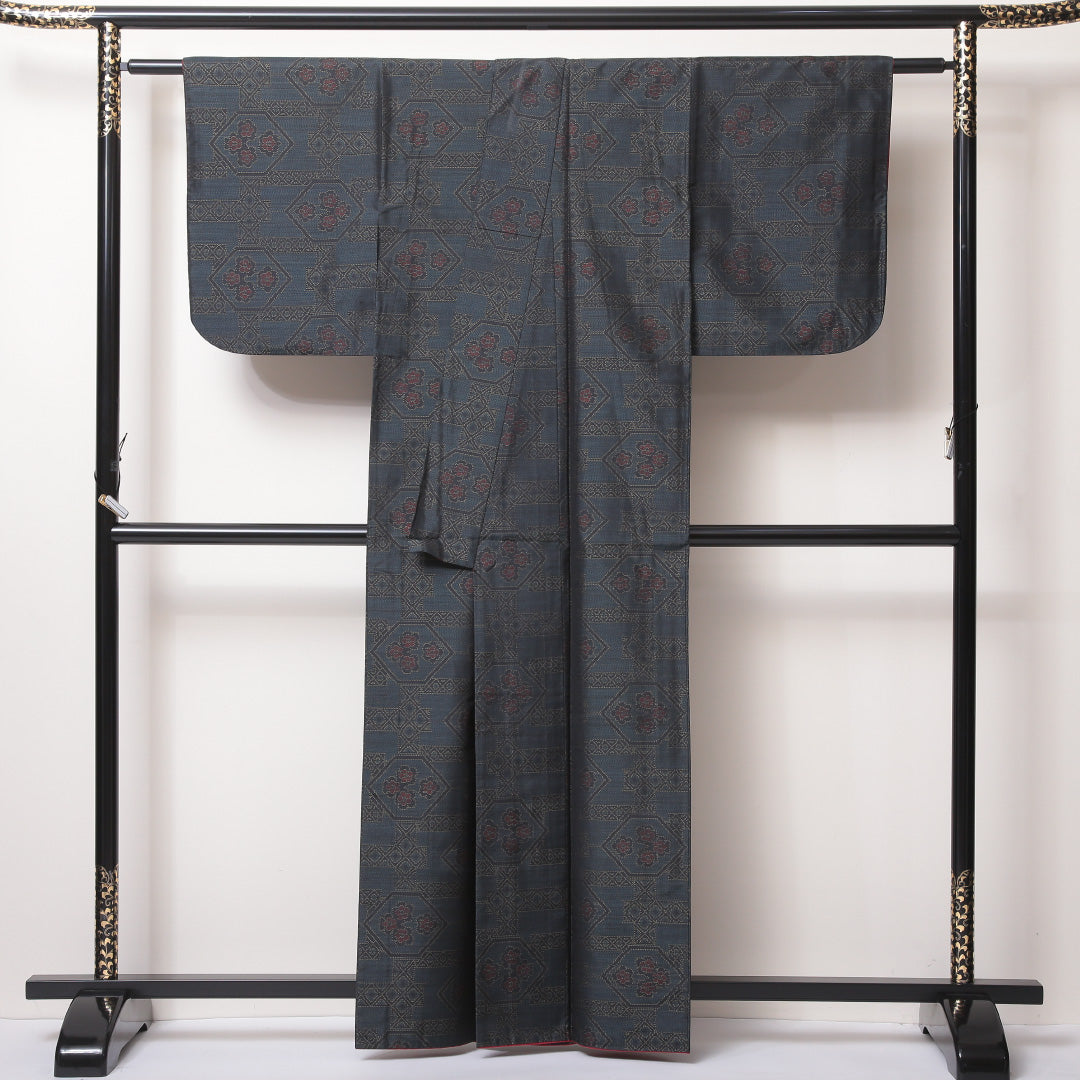 大島紬 袷 身丈160cm 裄丈62cm 正絹 Aランク インフォーマル 広衿 Lサイズ 亀甲 緑系 RP 1223-03532