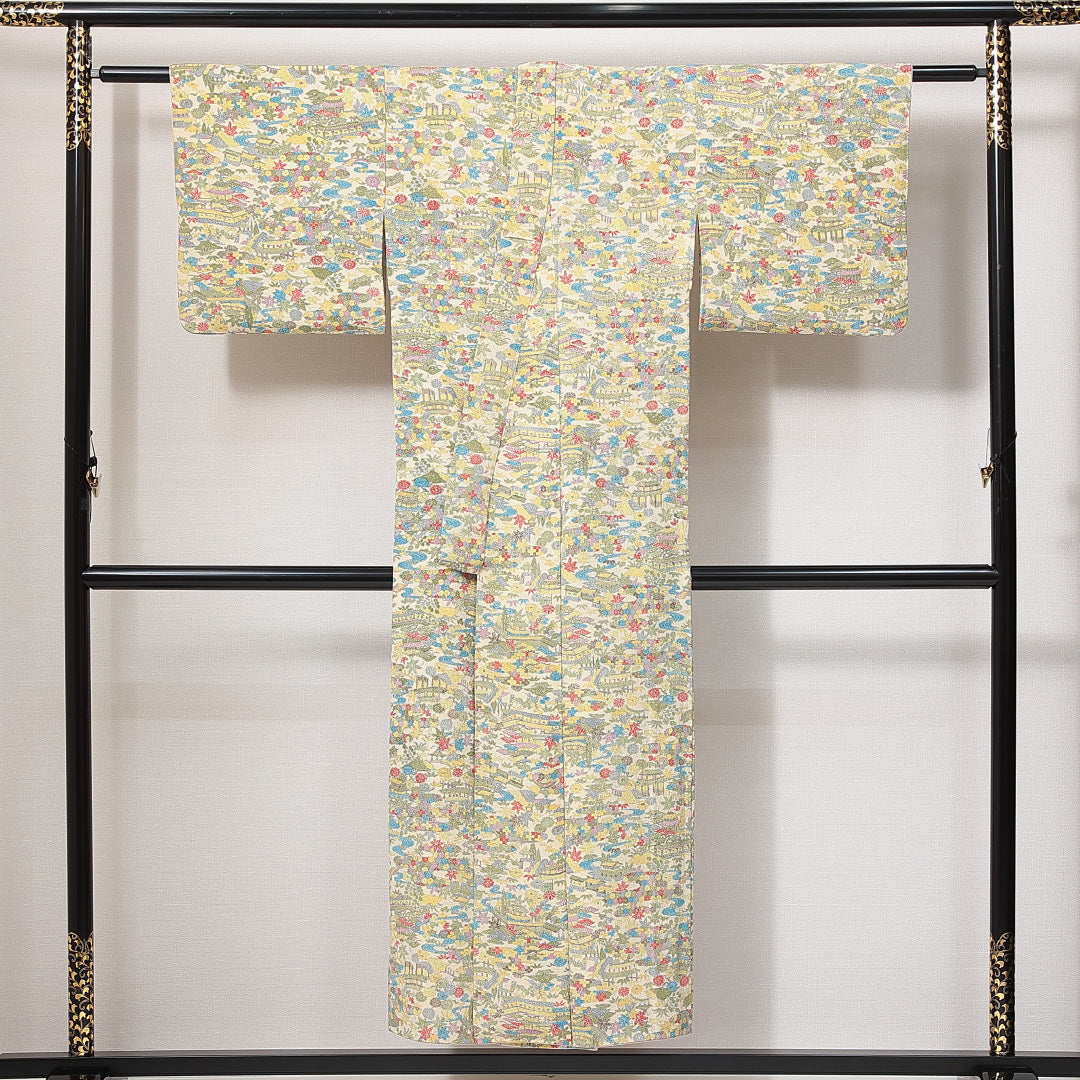 小紋 袷 身丈147cm 裄丈61cm 正絹 Sランク インフォーマル バチ衿 XSサイズ 楼閣 花柄 クリーム系 RP 1221-14933