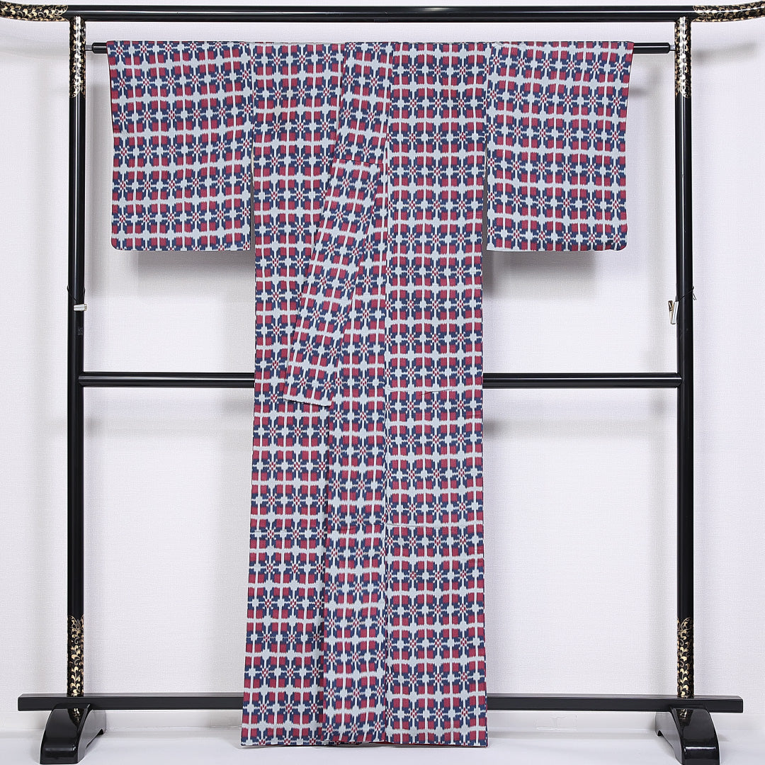 小紋 袷 身丈162cm 裄丈64cm 正絹 Aランク インフォーマル 広衿 Lサイズ 格子 青系 HP 1221-10148