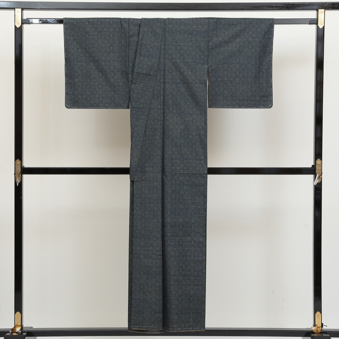 大島紬 袷 身丈151cm 裄丈62cm 正絹 Aランク インフォーマル 広衿 Sサイズ 緯総絣 花菱 緑系 RP 1223-02838