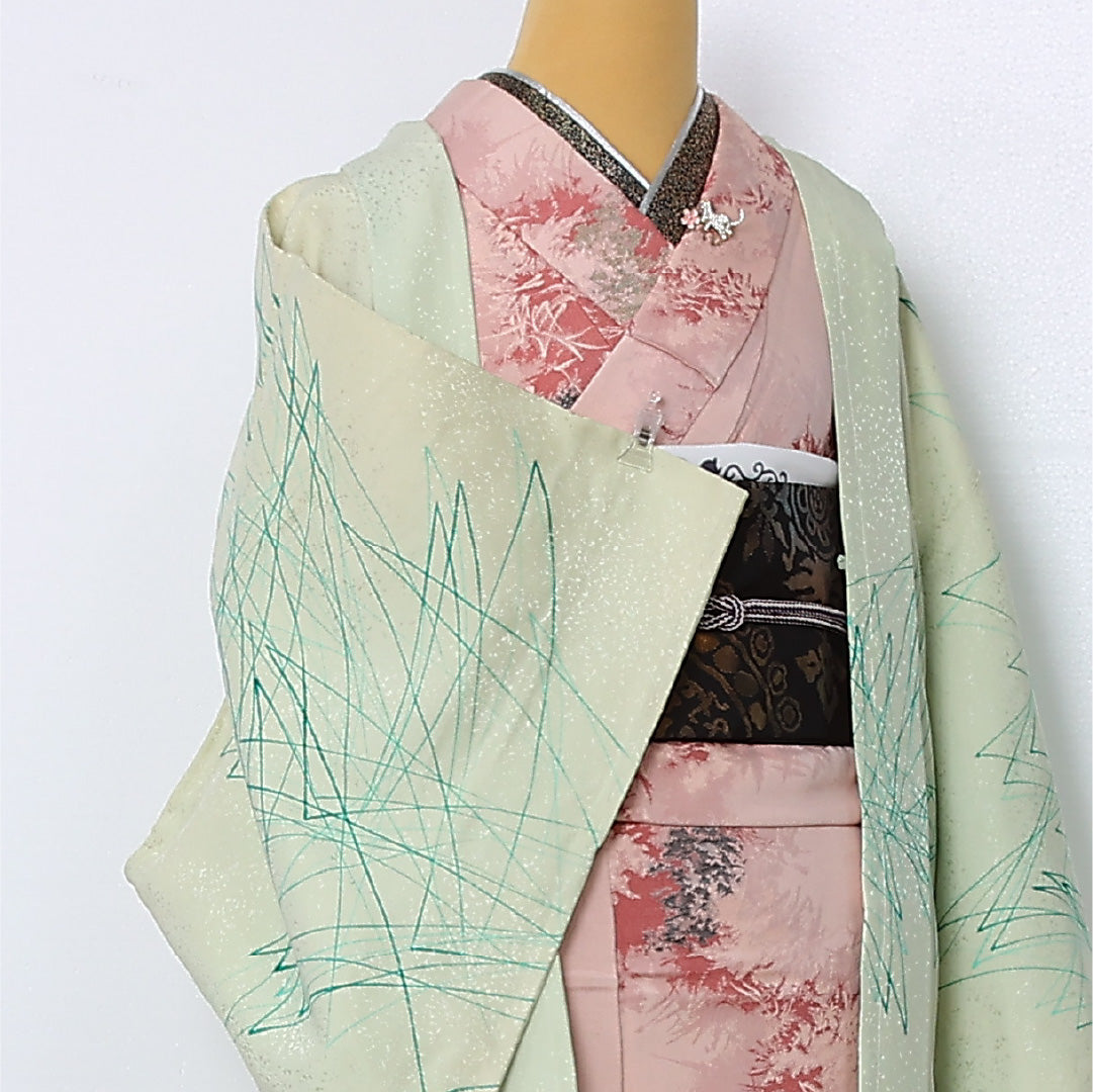 絵羽羽織 袷 身丈82cm 裄丈65cm 正絹 Cランク インフォーマル Mサイズ 創作柄 緑系 LP 1234-12859