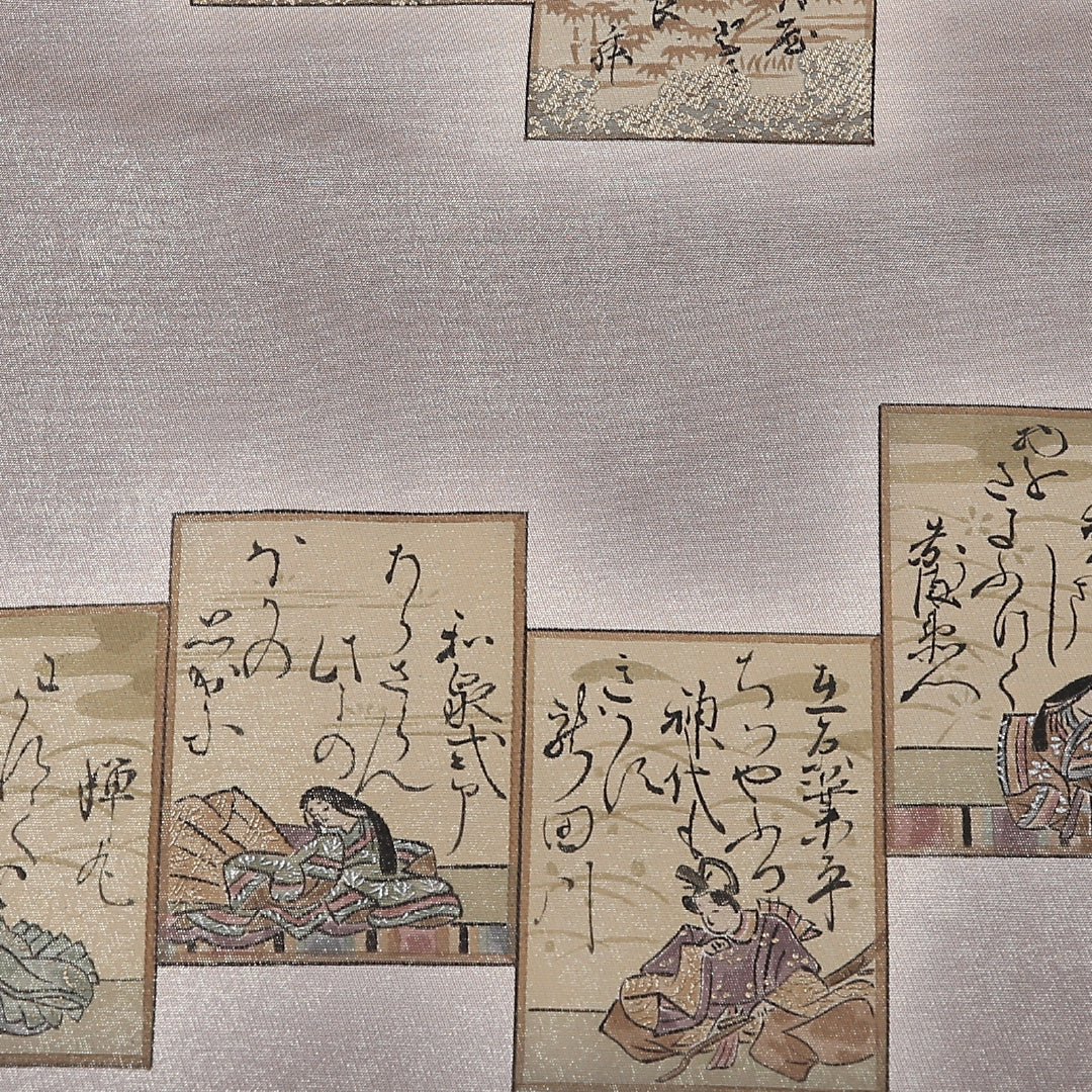 袋帯 帯丈446cm 正絹 ポイント柄 染め帯 セミフォーマル 歌留多 落款 グレー系 金系 1243-01547