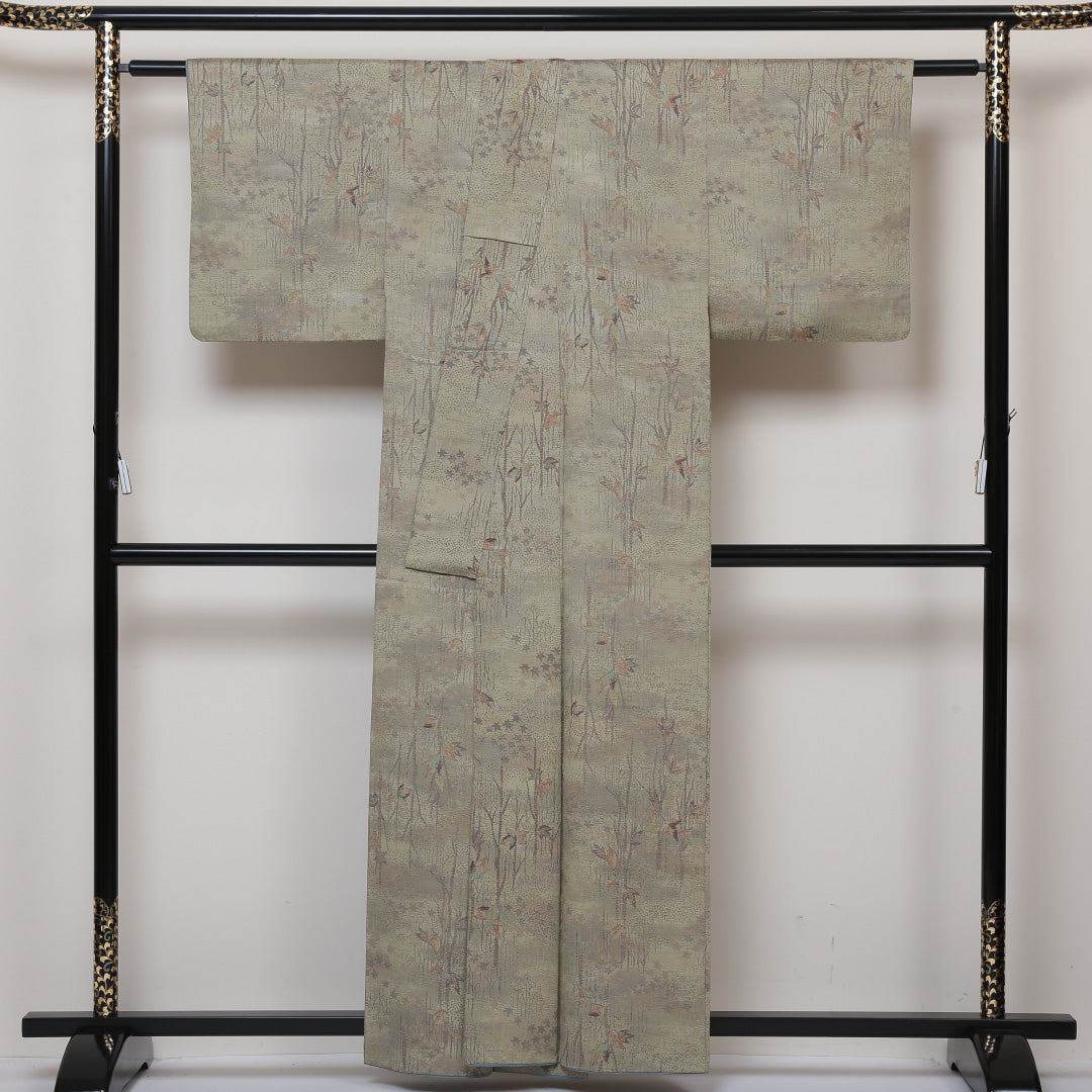 紬 袷 身丈159cm 裄丈62cm 正絹 Sランク カジュアル 広衿 Mサイズ 植物柄 緑系 RP 1223-02971